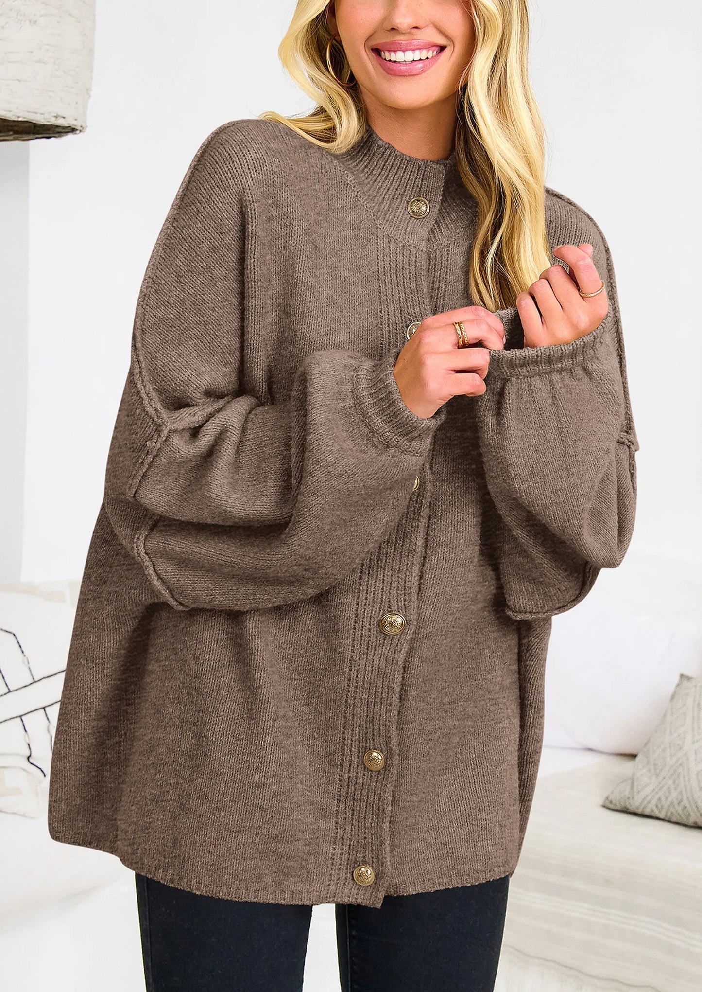 Women's Winter Button Down Cardigan Sweaters Mock Neck Lantern Long Sleeve Chunky Knit Jacket Trendy Outerwear