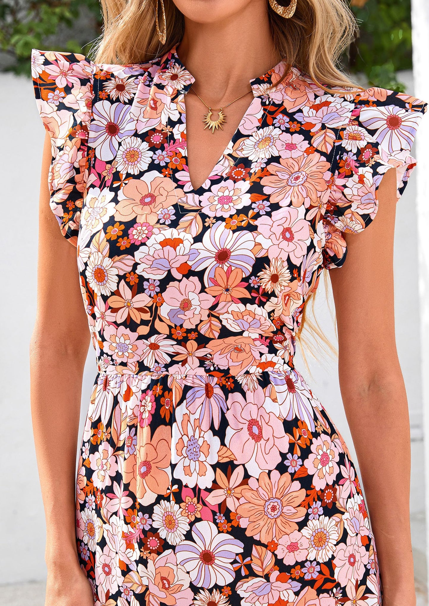 Women's Summer Floral Midi Dress Cap Sleeve V Neck Ruffle Long Flowy Boho Casual Beach Vacation Dresses