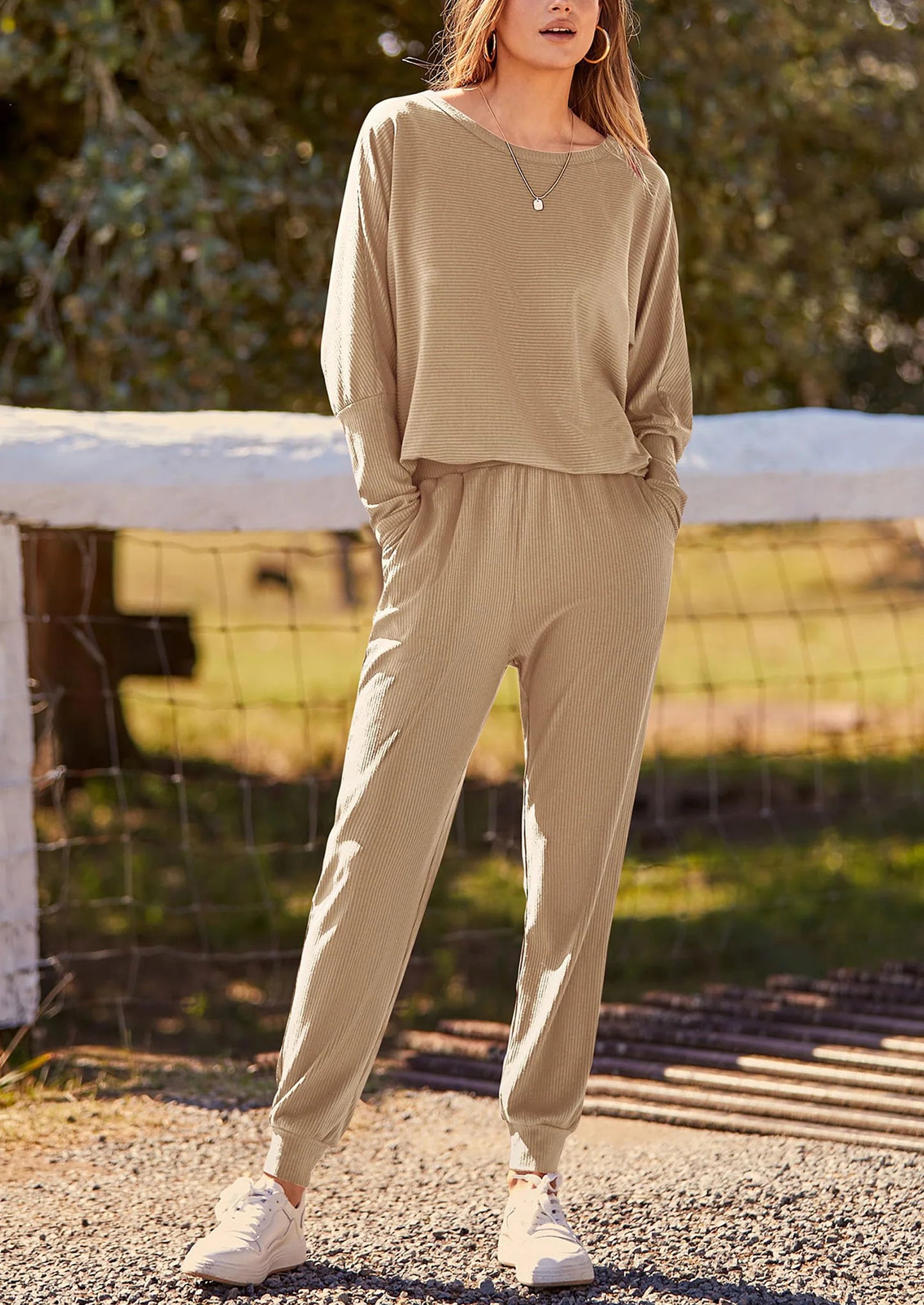 Women's Fall 2 Piece Lounge Set Long Sleeve Tops Ribbed Pants Spring Matching Sweatsuit Travel Outfits Clothes
