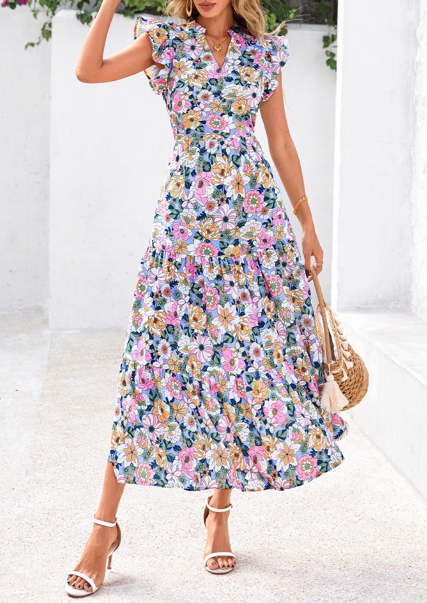 Women's Summer Floral Midi Dress Cap Sleeve V Neck Ruffle Long Flowy Boho Casual Beach Vacation Dresses