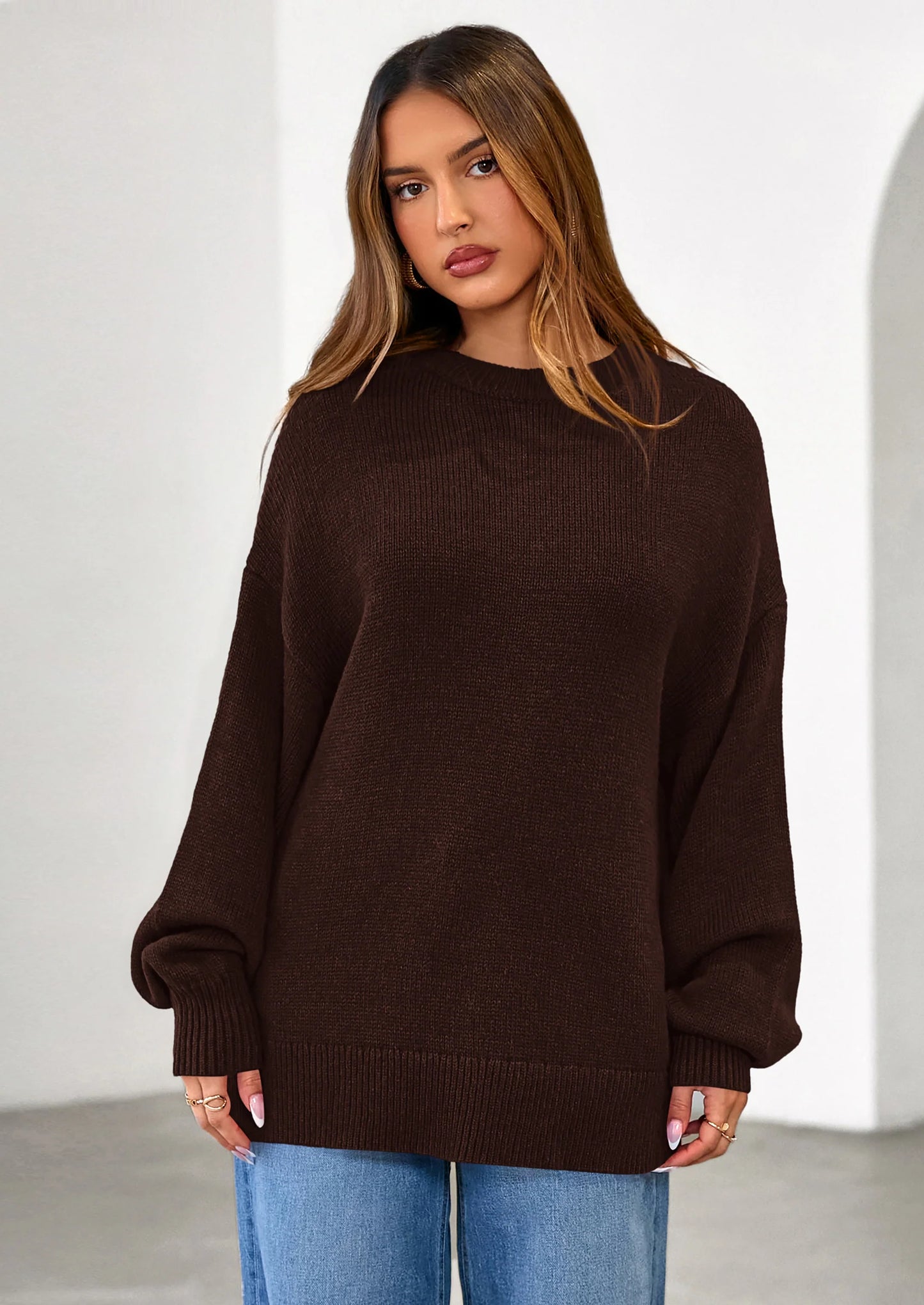 Womens Sweaters Fall Trendy Casual Crewneck Long Sleeve Cozy Knit Pullover Sweater Tops Winter Clothing