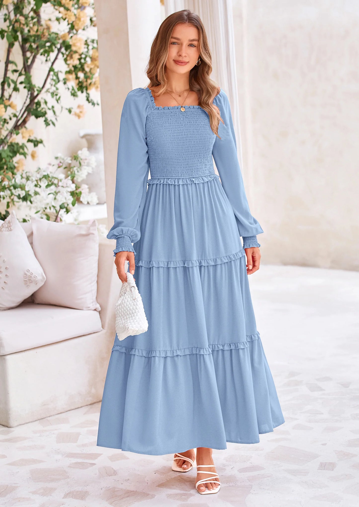 Fall Wedding Guest Dresses for Women Long Sleeve Square Neck Tiered A Line Modest Elegant Flowy Dresses