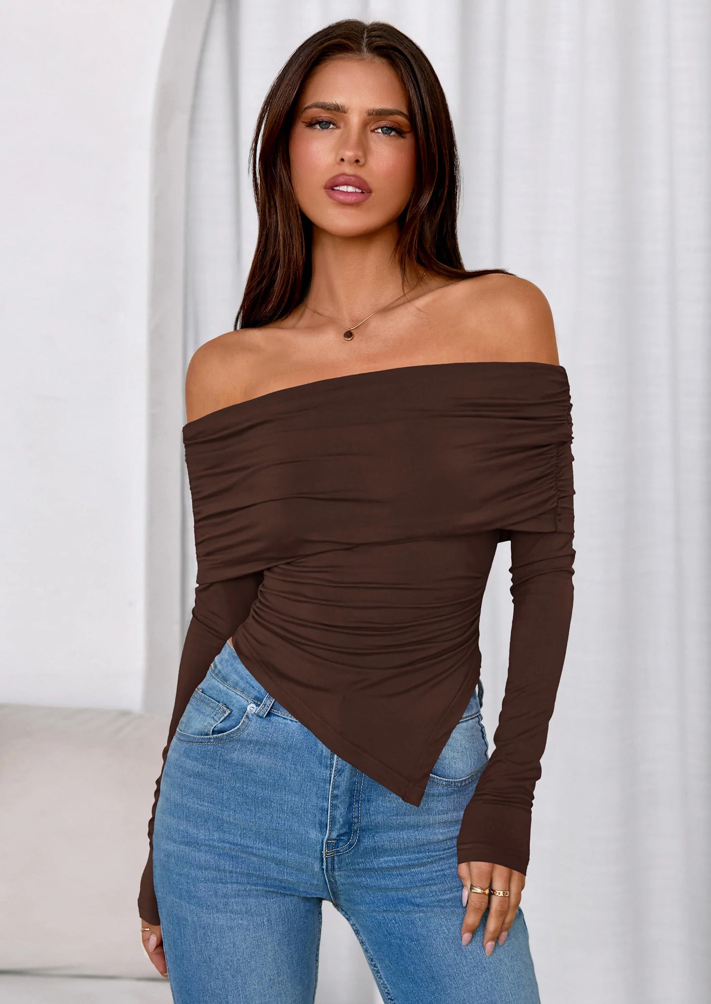 Women's Long Sleeve Shirts Off Shoulder Tops Going Out Slim Fitted Y2K Blouses Fall Fashion Clothes