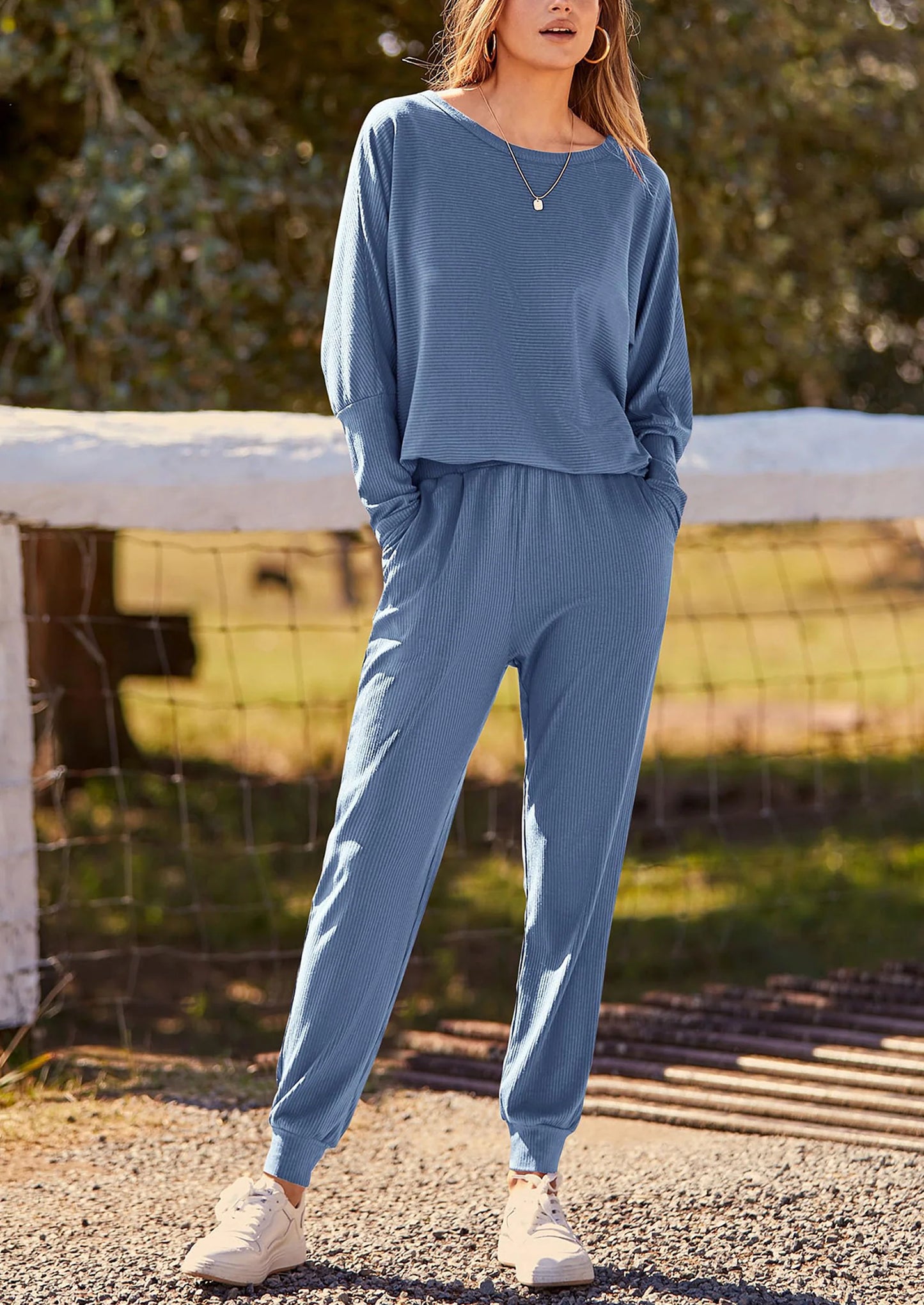 Women's Fall 2 Piece Lounge Set Long Sleeve Tops Ribbed Pants Spring Matching Sweatsuit Travel Outfits Clothes