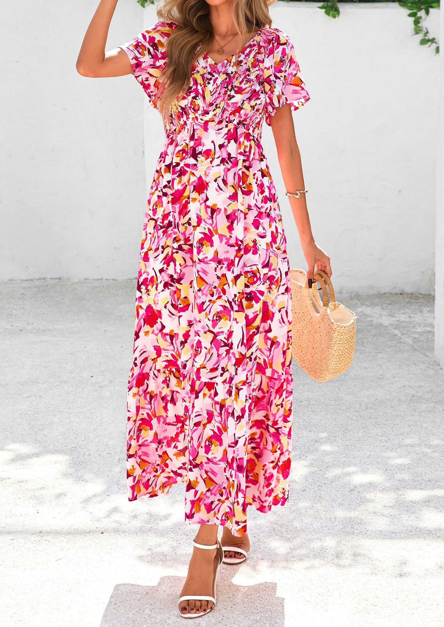 Women Floral Boho Maxi Dresses Short Sleeve V Neck Smocked A Line Long Flowy Beach Vacation Dress