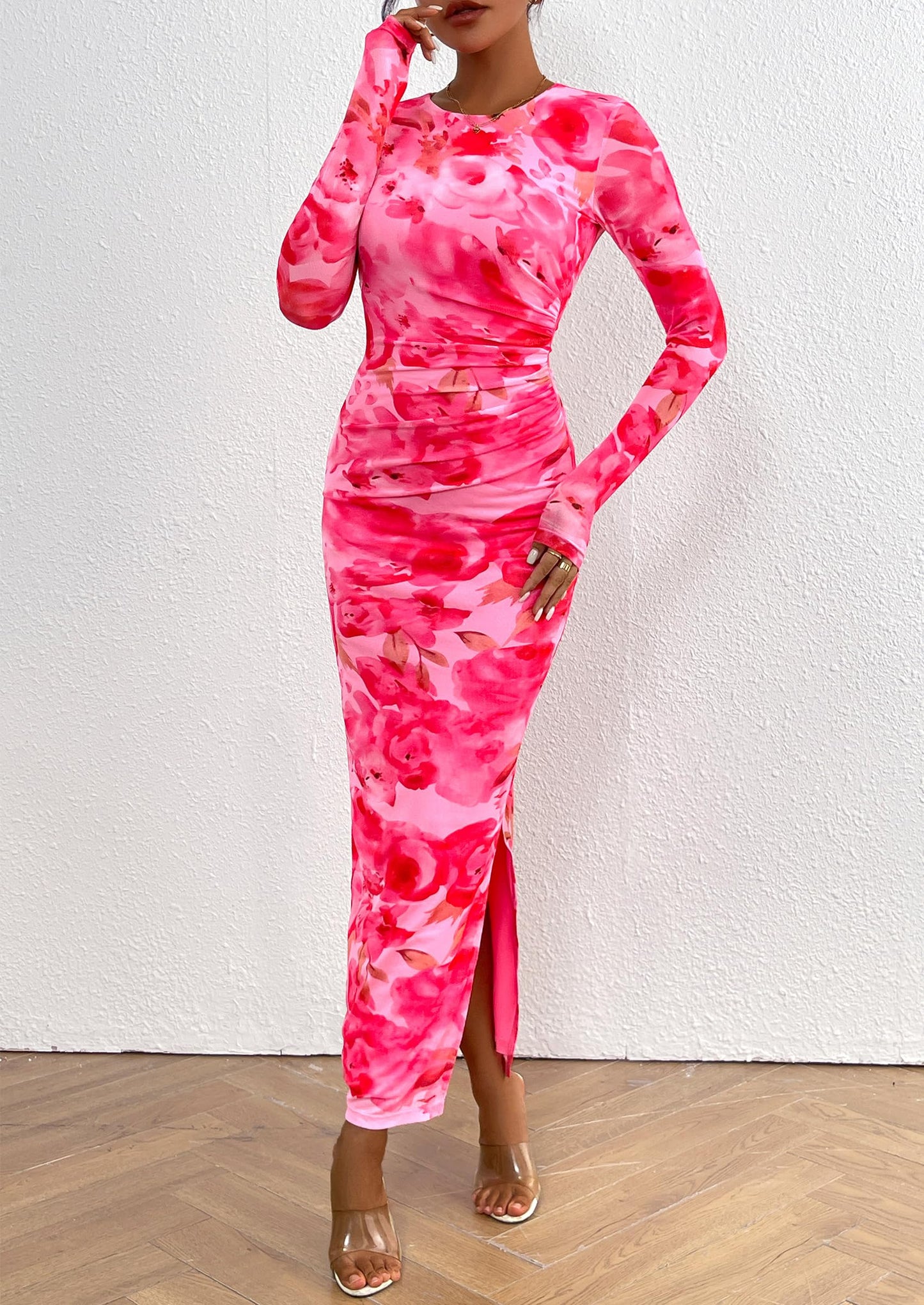Women's Bodycon Maxi Dress Fall Spring Fashion Long Sleeve Floral Print Tight Fitted Party Club Ruched Dresses