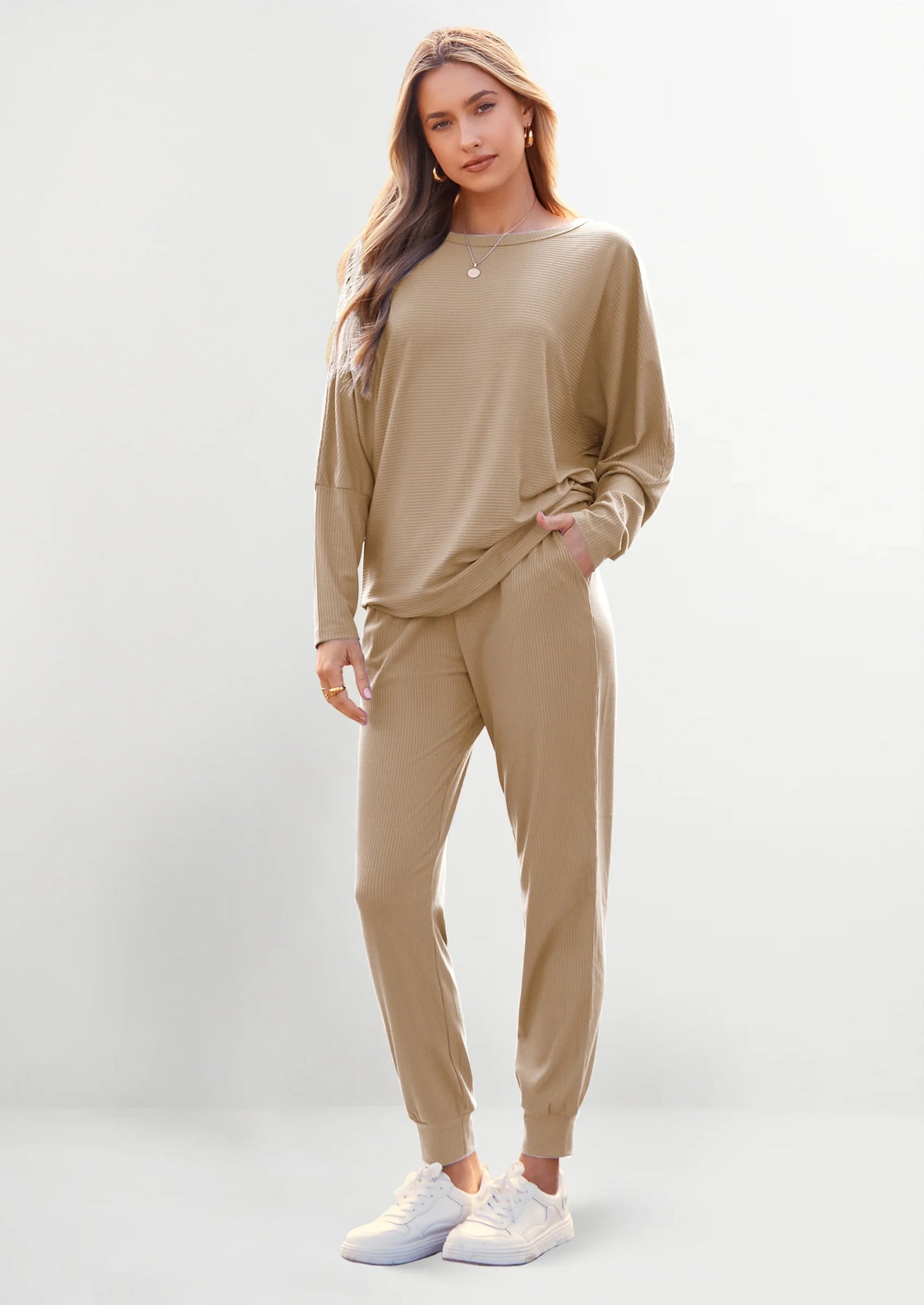 Women's Fall 2 Piece Lounge Set Long Sleeve Tops Ribbed Pants Spring Matching Sweatsuit Travel Outfits Clothes