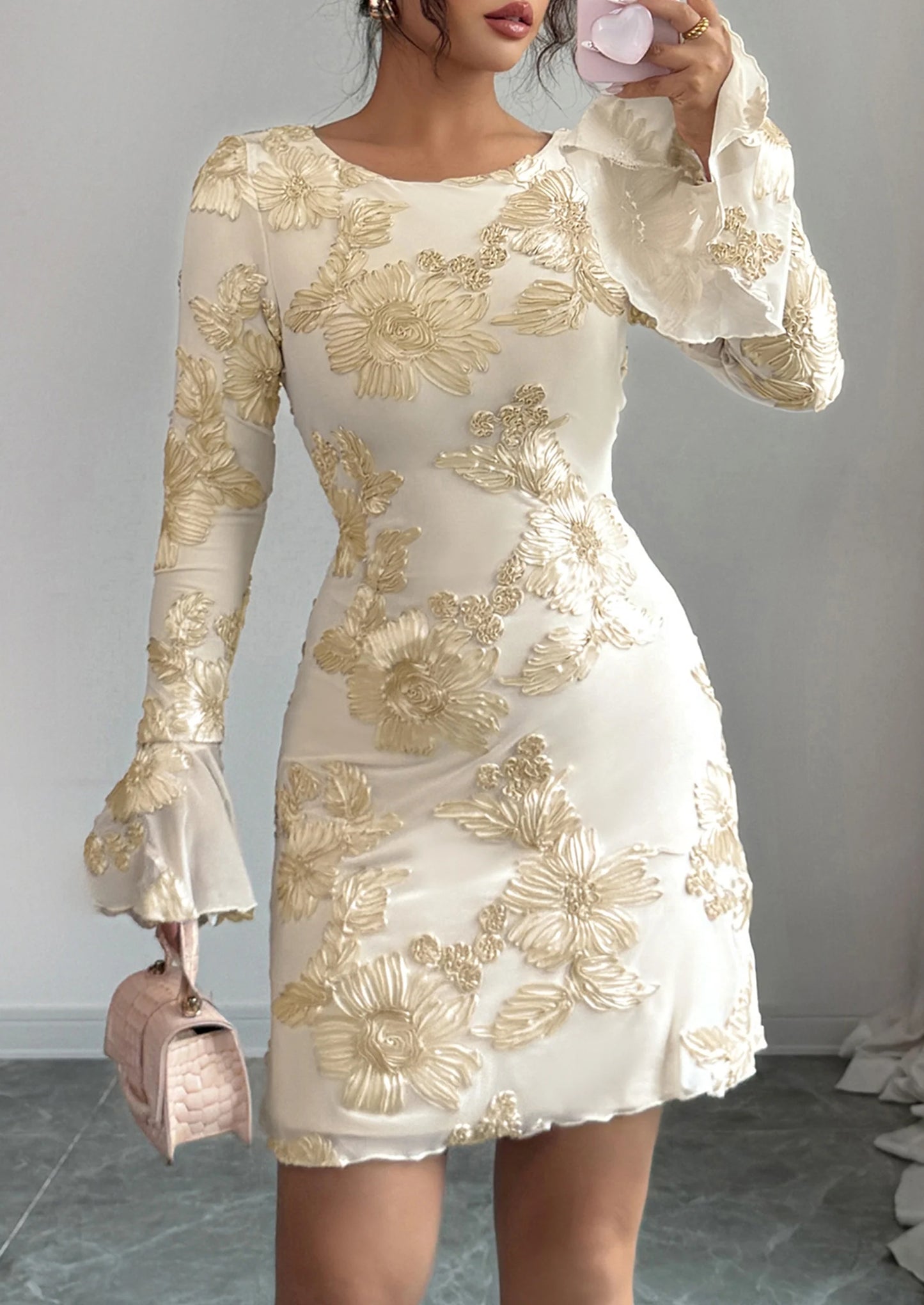 Women's Floral Embroidered Dress Fall Long Bell Sleeve Ribbon Flower Mini Short Mesh Bodycon Party Dresses