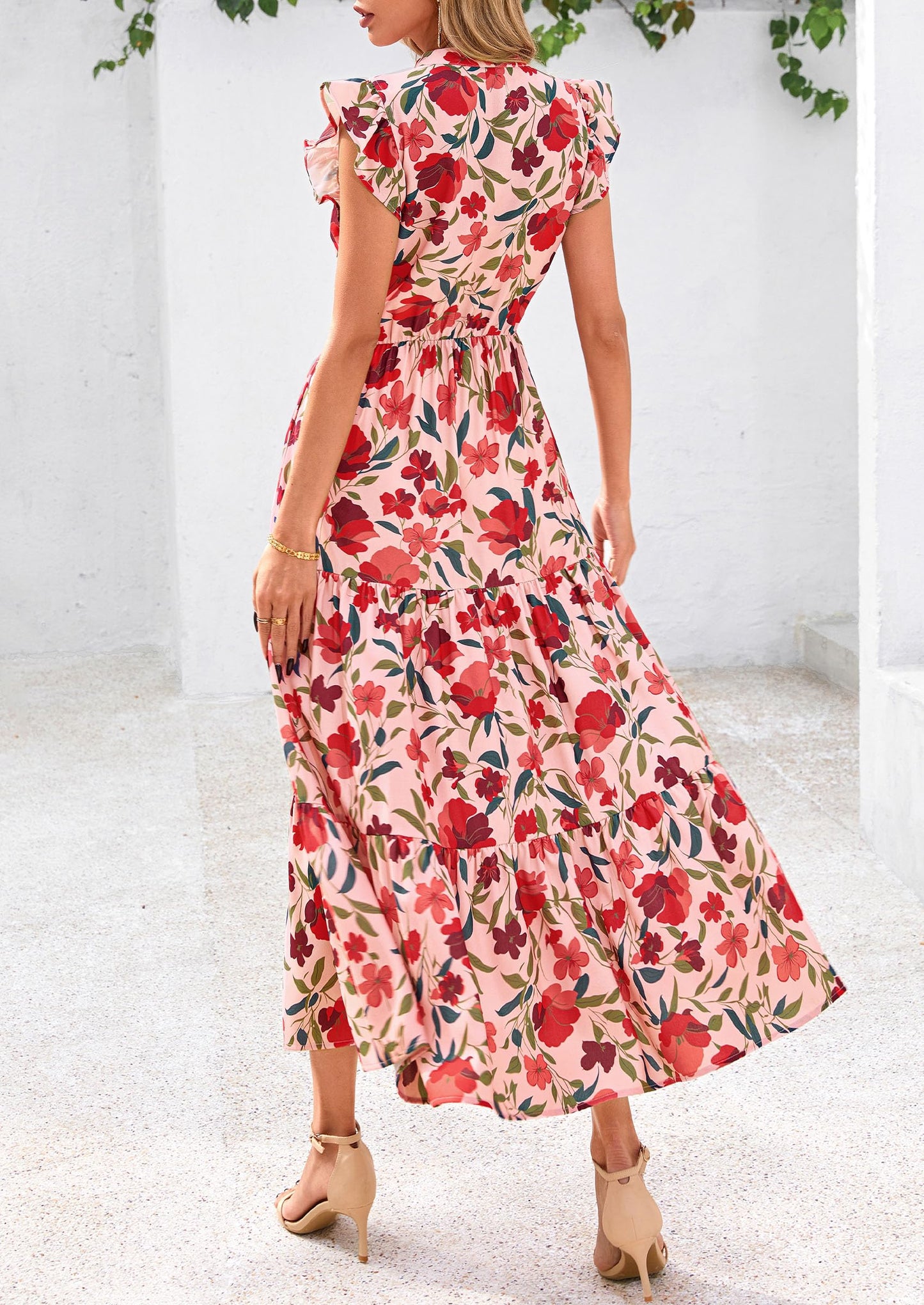 Women's Summer Floral Midi Dress Cap Sleeve V Neck Ruffle Long Flowy Boho Casual Beach Vacation Dresses