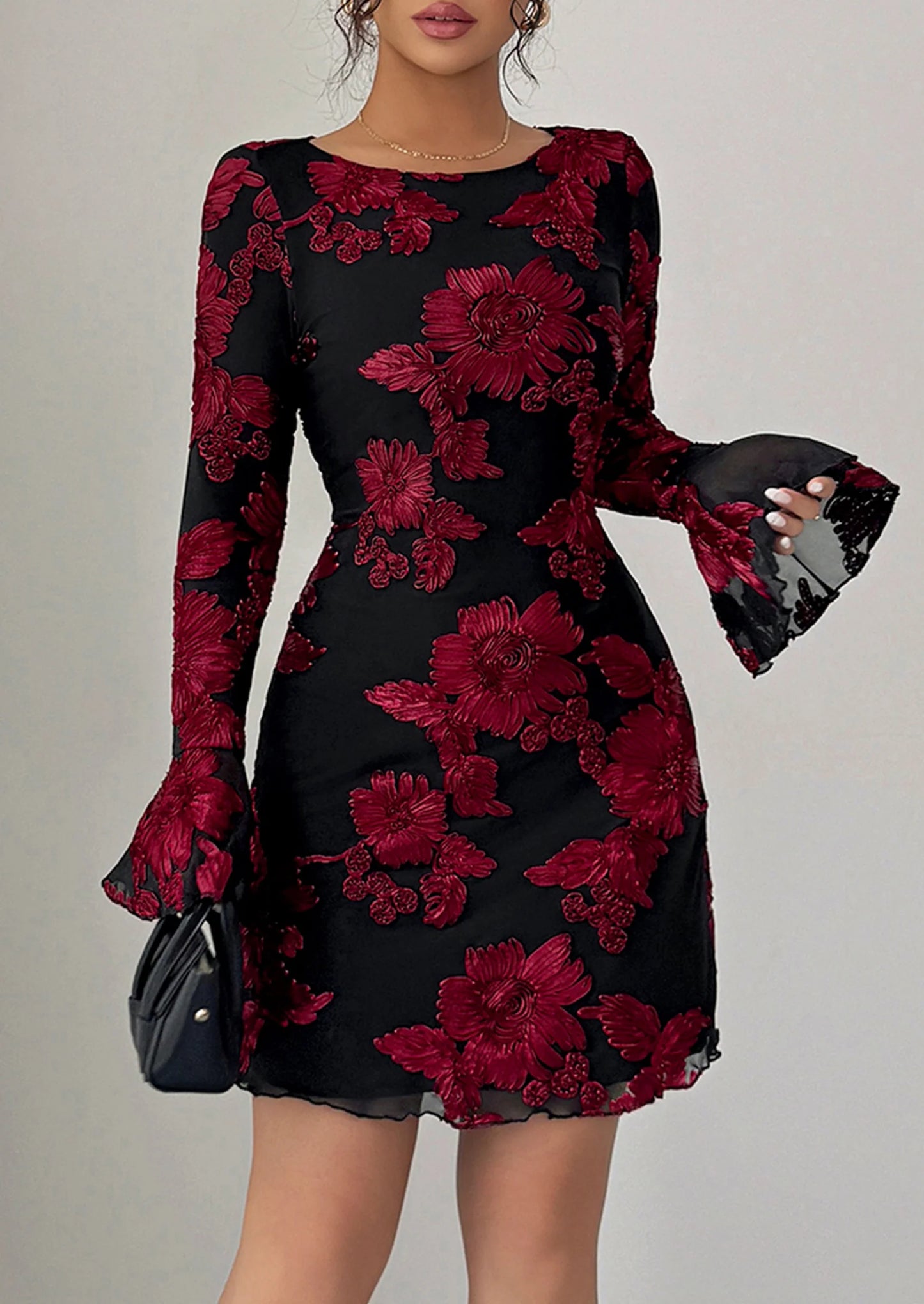 Women's Floral Embroidered Dress Fall Long Bell Sleeve Ribbon Flower Mini Short Mesh Bodycon Party Dresses