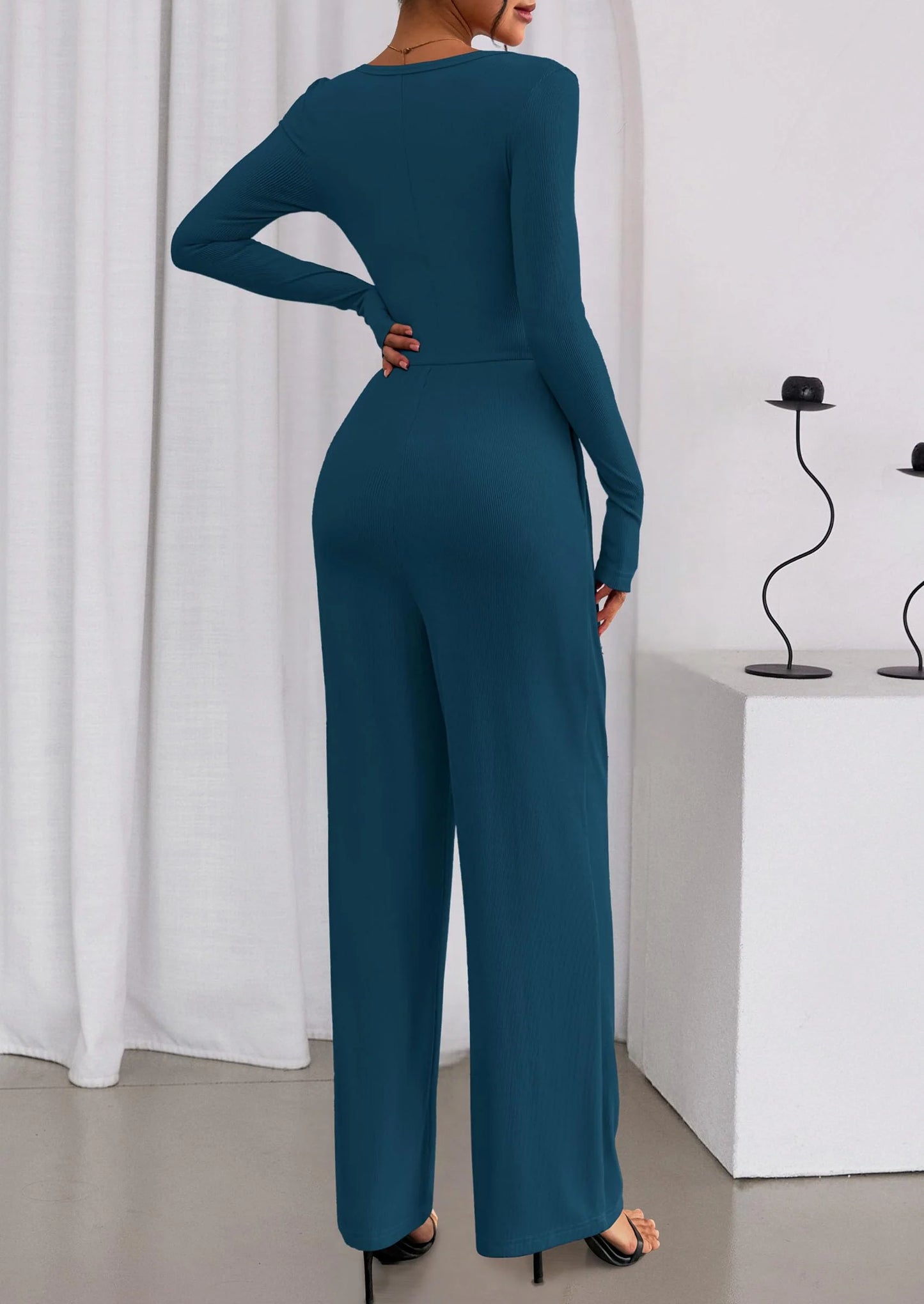 Jumpsuits for Women Dressy Casual Fall One Piece Outfits Long Sleeve Crew Neck Wide Leg Pants Rompers