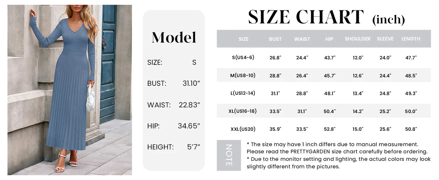 Women Sweater Dress Fall Fashion Long Sleeve V Neck Ribbed Knit Pleated A Line Elegant Maxi Winter Dresses