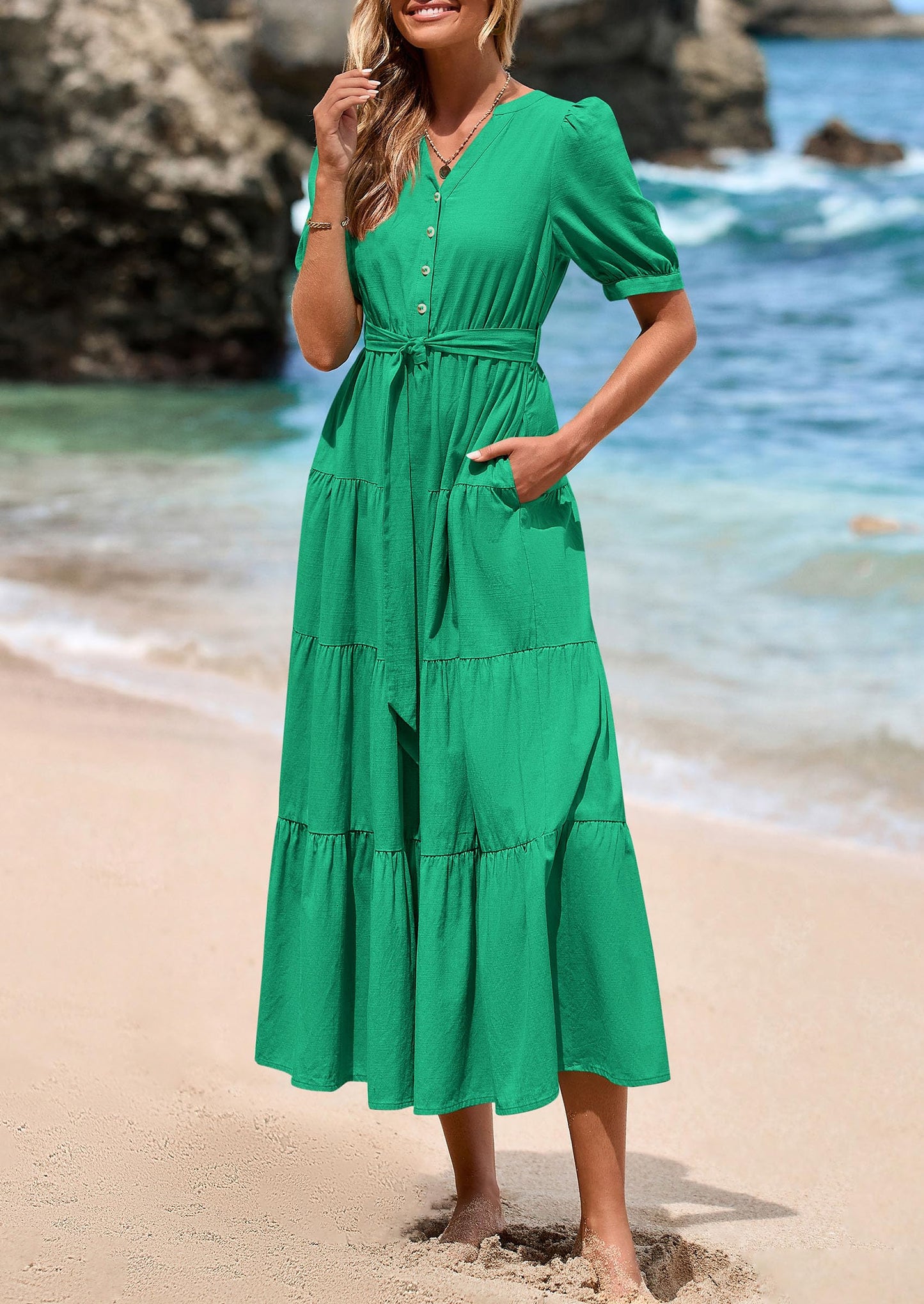 Women's Midi Dress Casual Short Sleeve V Neck Buttons Belted Ruffle A Line Flowy Dress with Pockets