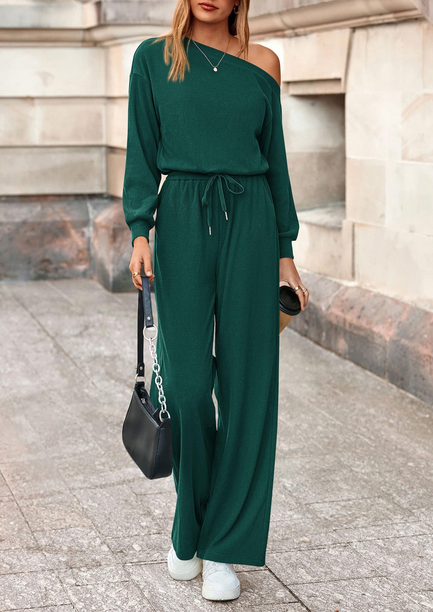 Long Sleeve Jumpsuit For Women Dressy Off Shoulder One Piece Loose Wide Leg Jumpsuits Casual Flowy Romper