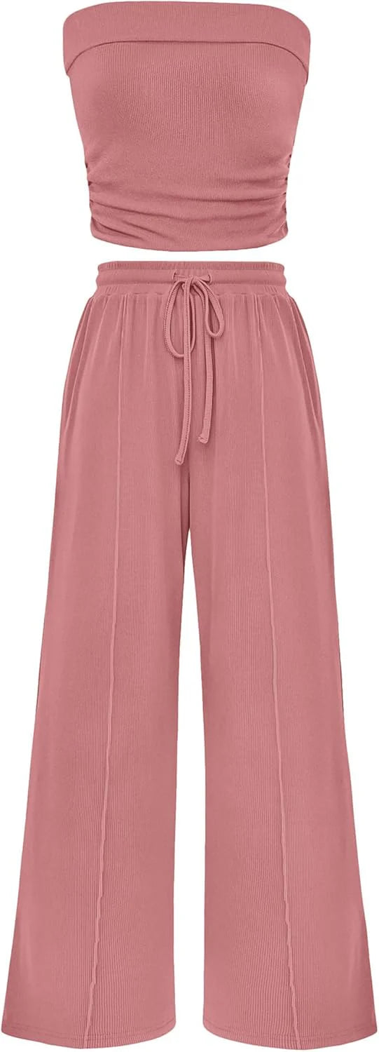 2 Piece Sets Casual Ribbed Knit Crop Tube Top Wide Leg Pants Lounge Set