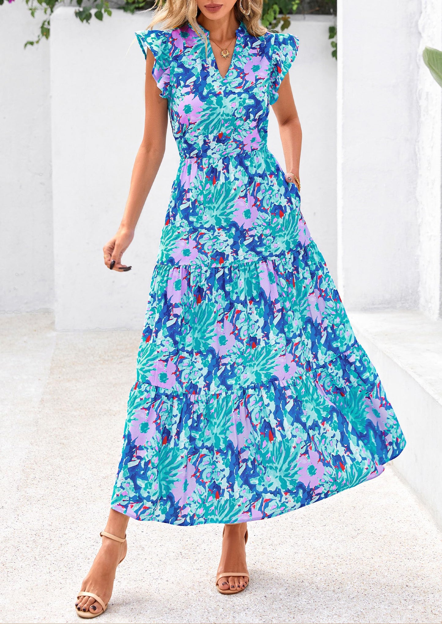 Women's Summer Floral Midi Dress Cap Sleeve V Neck Ruffle Long Flowy Boho Casual Beach Vacation Dresses