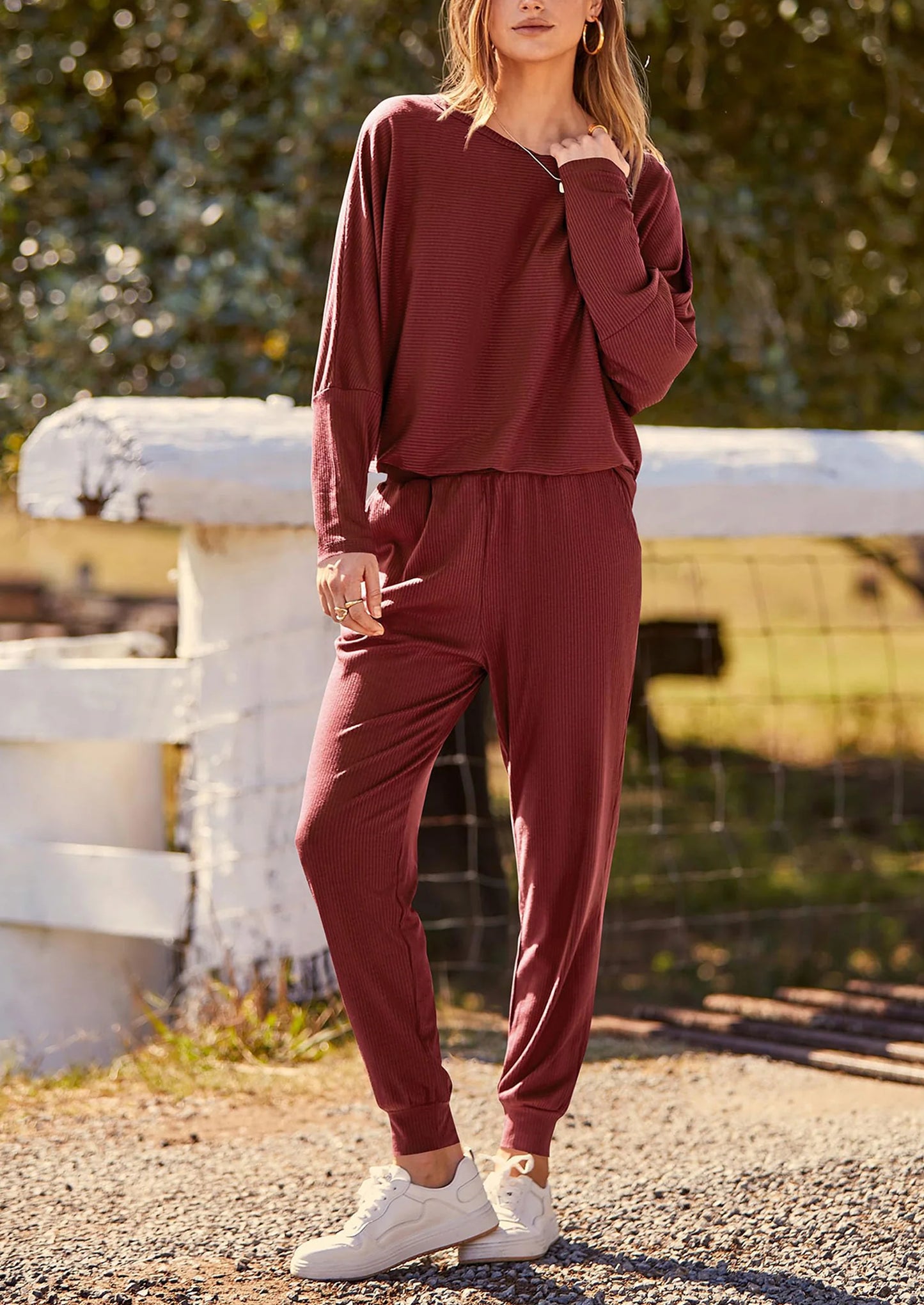 Women's Fall 2 Piece Lounge Set Long Sleeve Tops Ribbed Pants Spring Matching Sweatsuit Travel Outfits Clothes