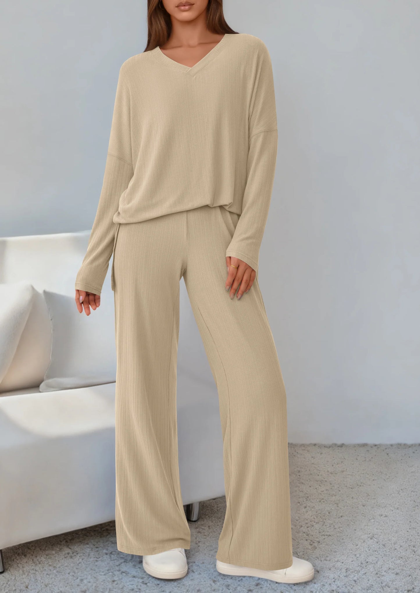 2 Piece Lounge Sets for Women Fall Outfits Casual Loose Long Sleeve Tops Wide Leg Pants Matching Pajama Set