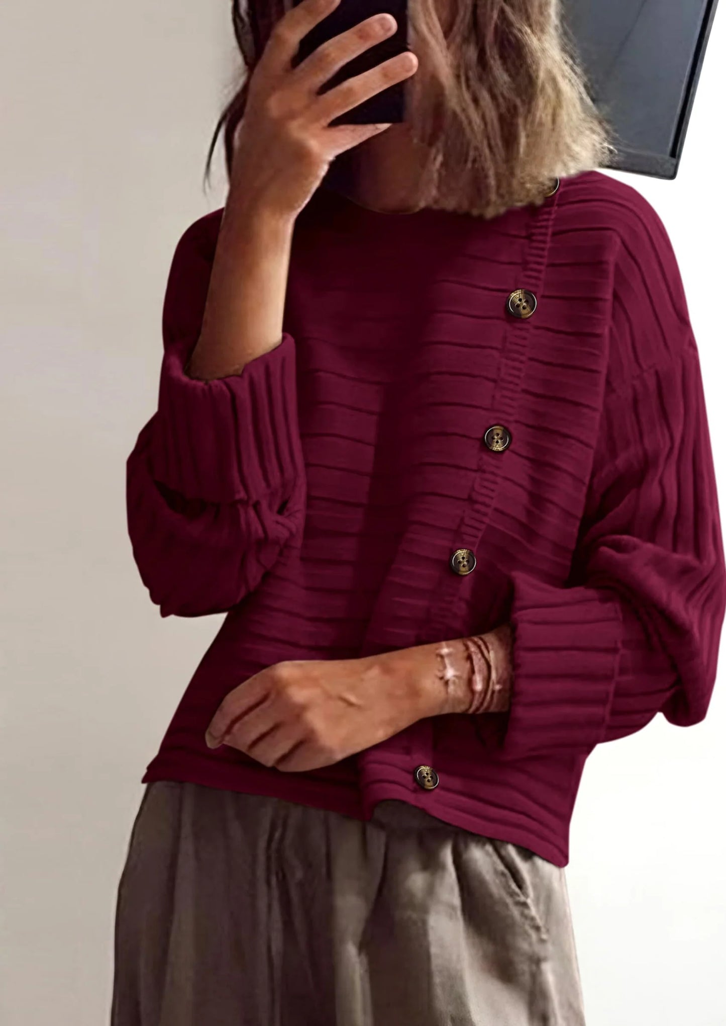 Womens Sweaters Fall Casual Long Sleeve Crewneck Button Loose Winter Knit Pullover Sweater Tops