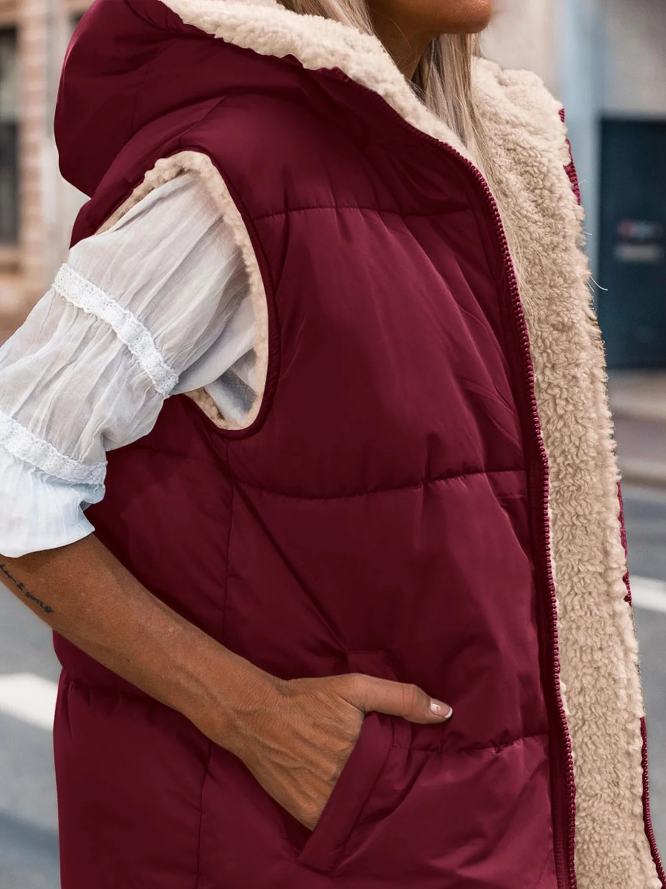Womens Fall Reversible Vests Sleeveless Fleece Jacket Zip Up Hoodie Pockets Long Warm Winter Coat Outerwear