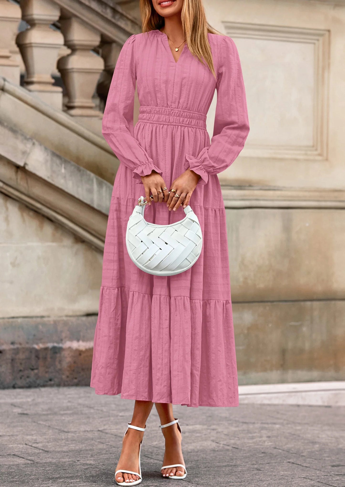 Women's Fall Wedding Guest Dresses Long Sleeve V Neck Flowy Elegant Holiday Party Maxi Dress with Pockets