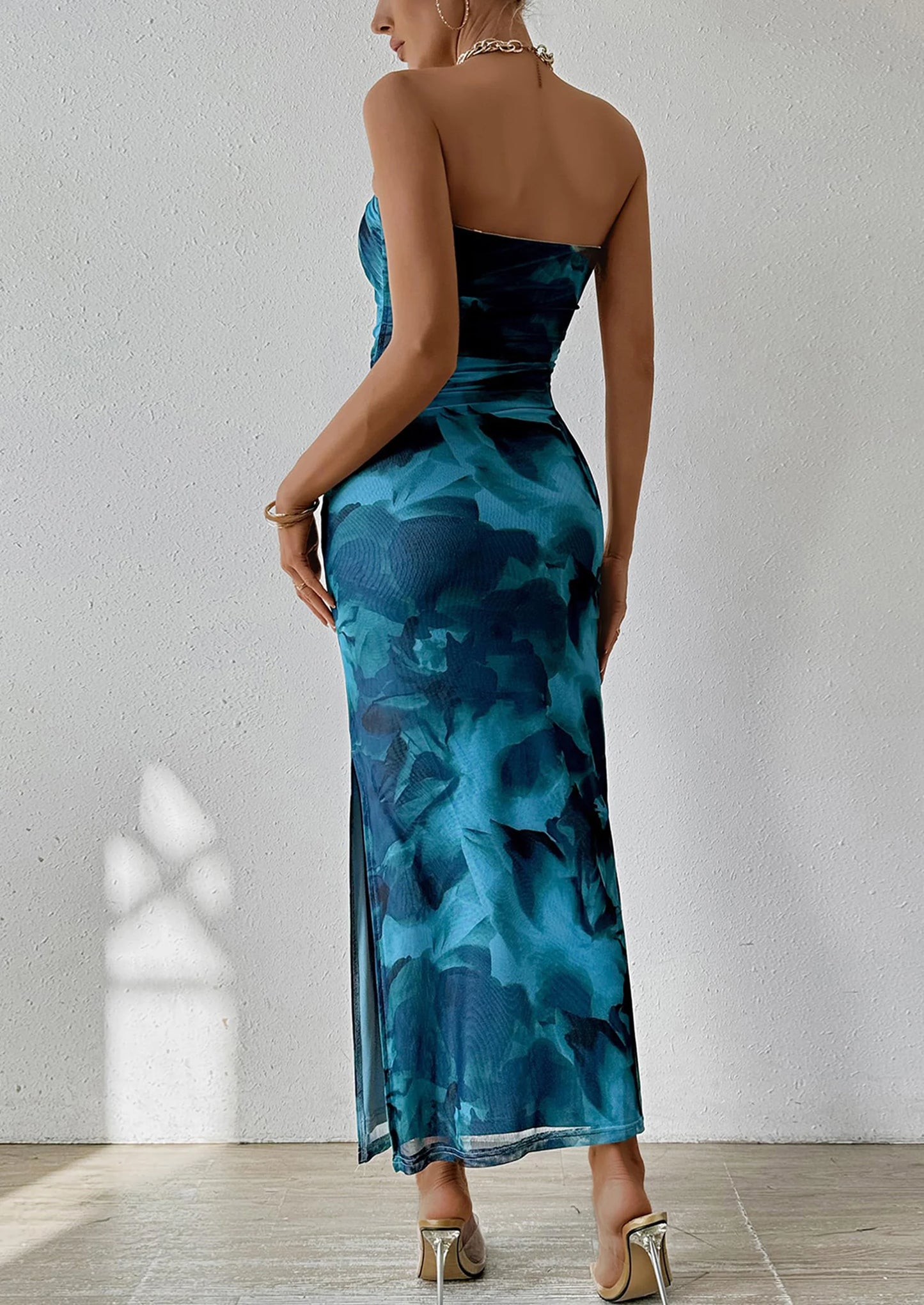 Women's Maxi Bodycon Dresses Strapless Tube Top Slit Floral Printed Party Club Long Dress