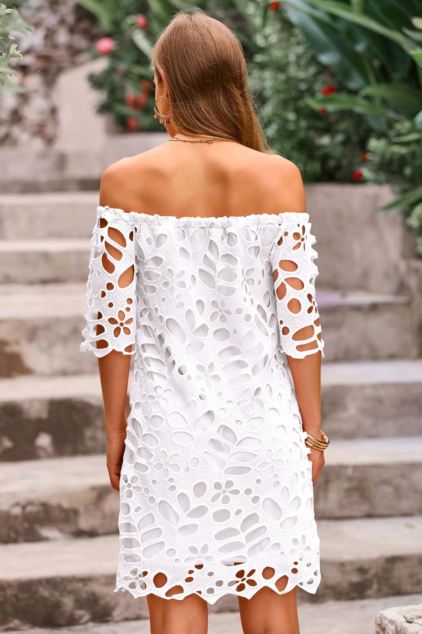 Women's Summer Off Shoulder Dresses Floral Lace Flare Short Sleeve Spring Vintage Elegant Mini Dress
