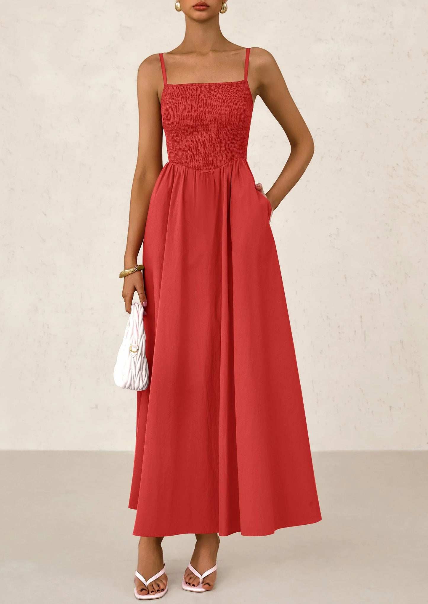 Women's Smocked Maxi Dresses Beach Sundress Casual Spaghetti Strap Swing A Line Long Flowy Dress