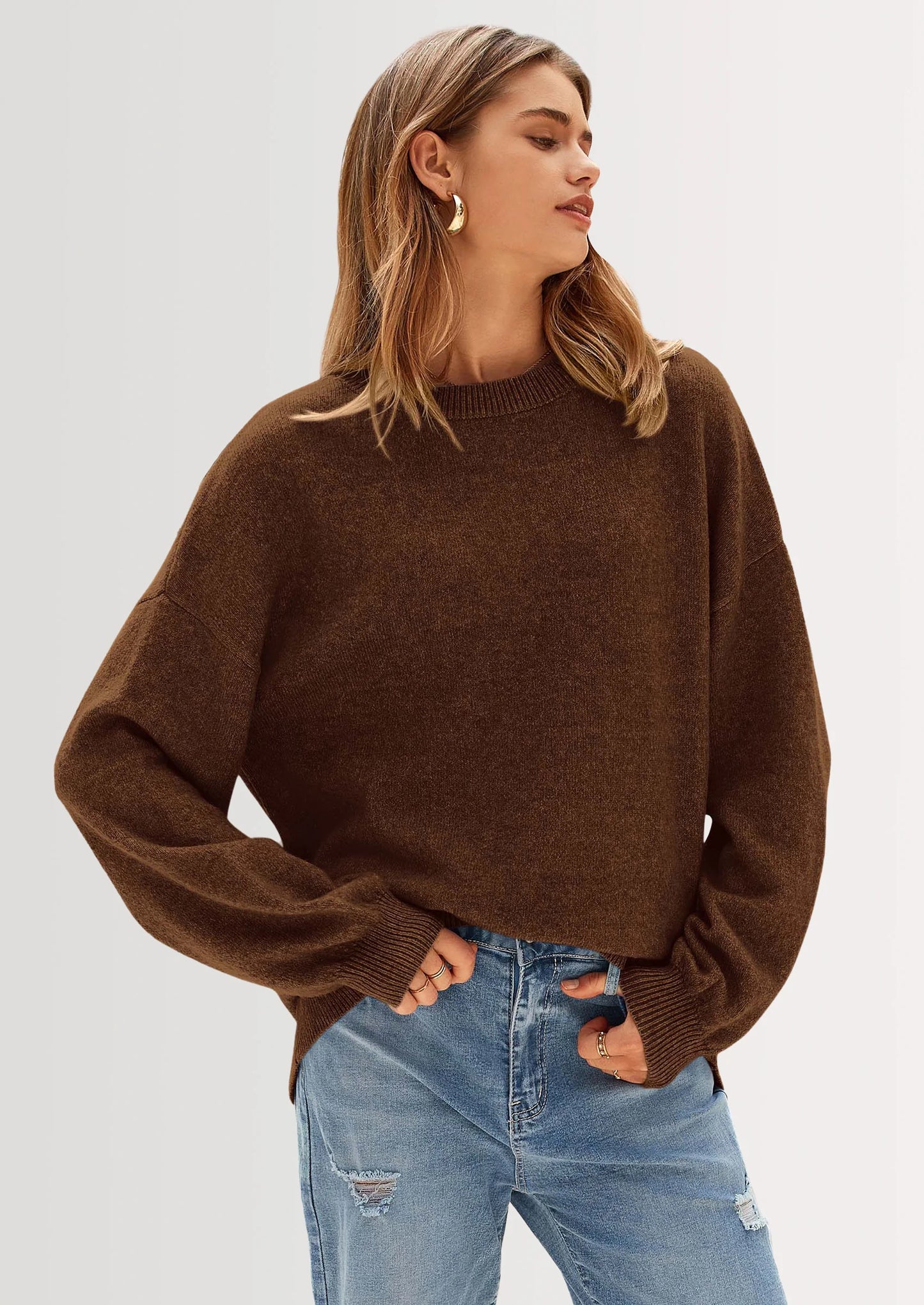 Women's Fall Sweaters Casual Crew Neck Long Sleeve Pullover Tops Ribbed Knit Loose Fit Winter Clothes
