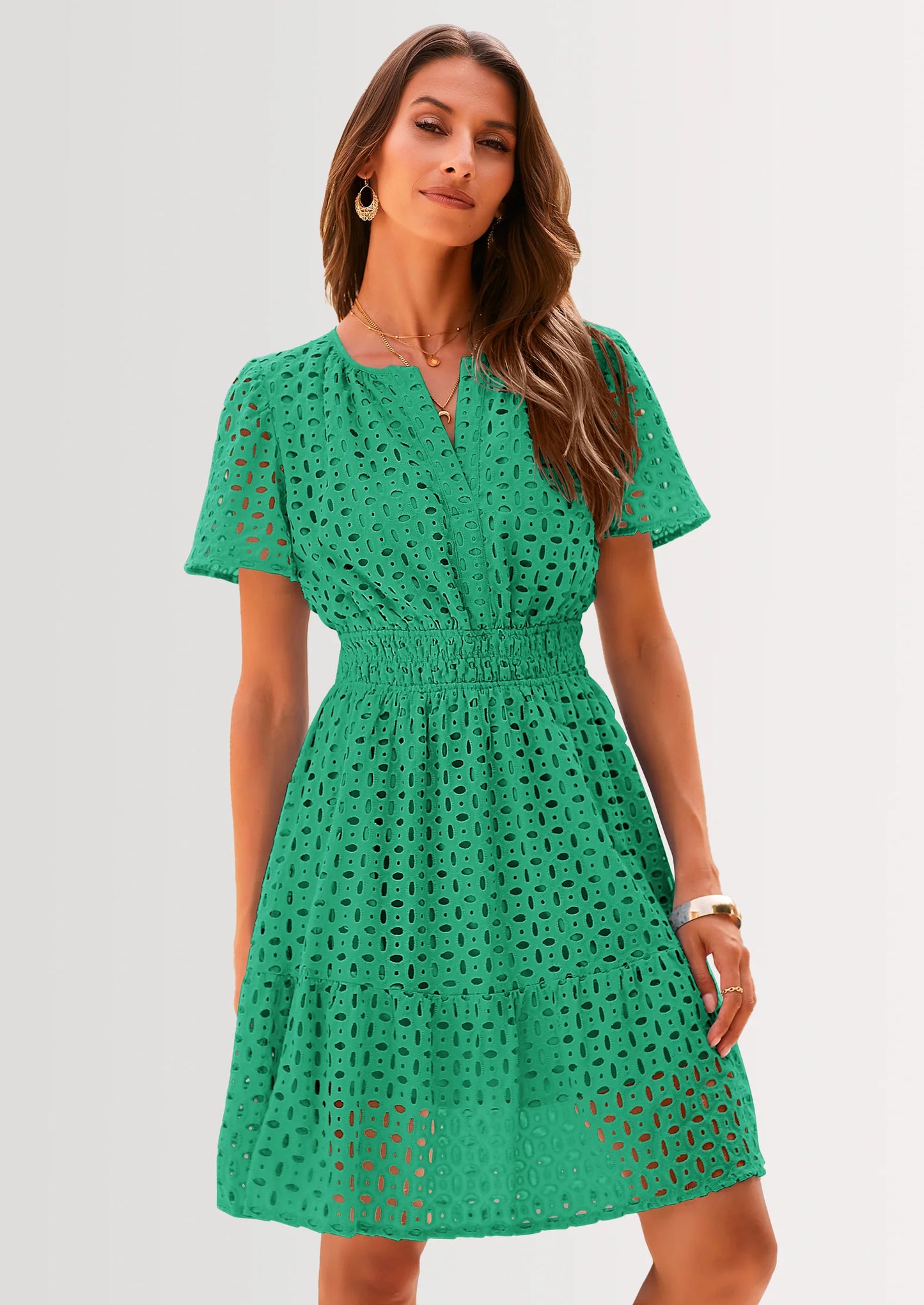 Women Summer Short Dress V Neck Short Sleeve A Line Hollow Out Lace Ruffle Cute Casual Beach Party Dresses