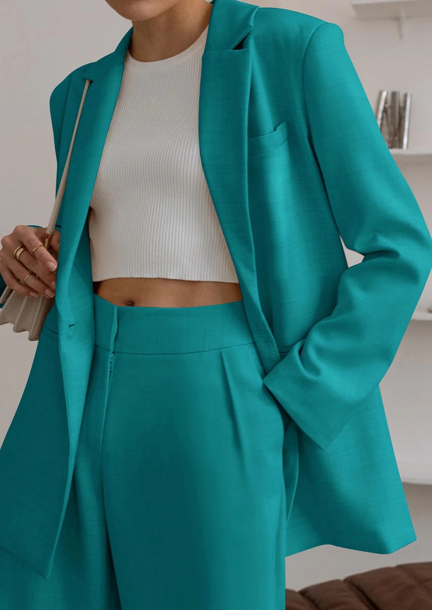 Women's Fall Two Piece Outfits Dressy Blazer Jacket and Wide Leg Pants Pockets Business Casual Office Suit Sets