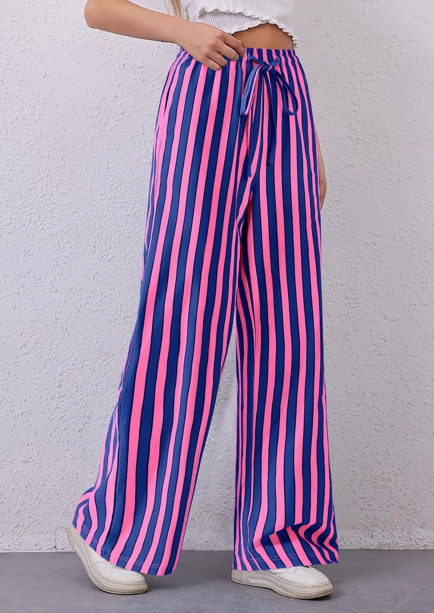 Women's Summer Striped Wide Leg Lounge Pants Trendy Clothes Drawstring Elastic Waist Comfy Pajama Bottoms