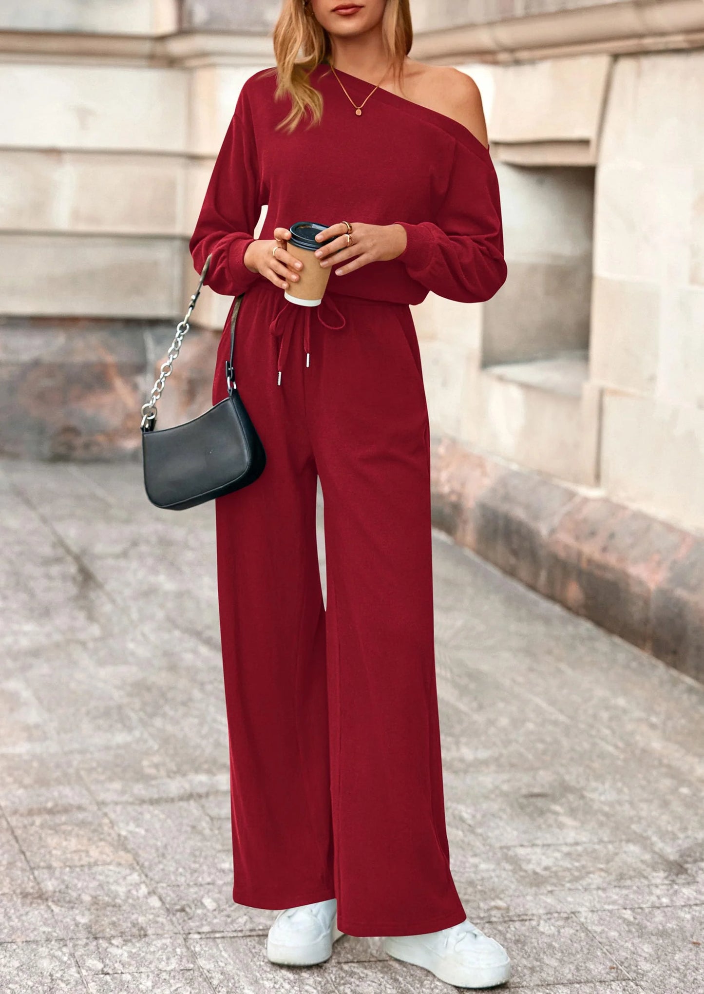Long Sleeve Jumpsuit For Women Dressy Off Shoulder One Piece Loose Wide Leg Jumpsuits Casual Flowy Romper