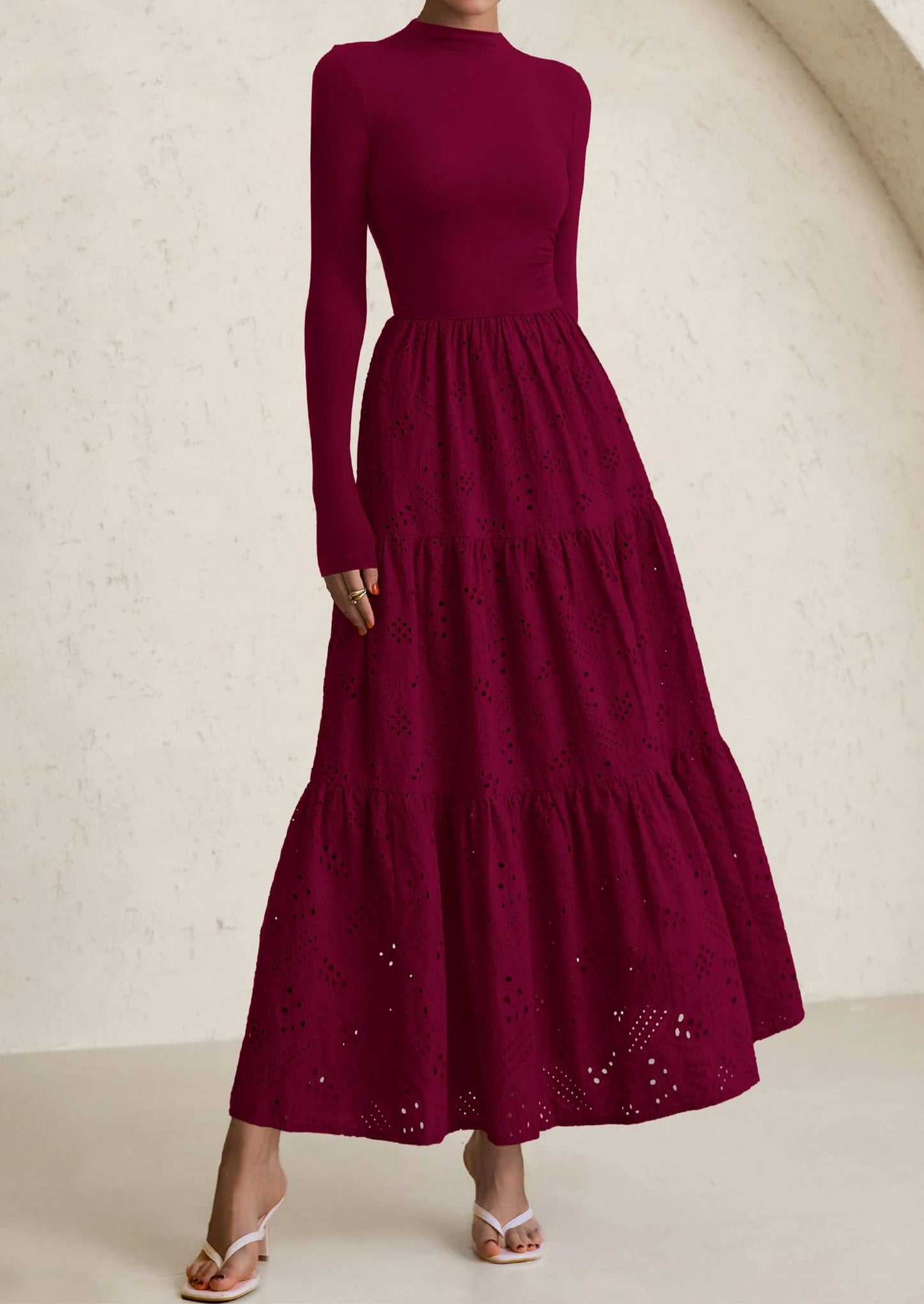 Long Sleeve Dress for Women Fall Eyelet Mock Neck A Line Elegant Classy Maxi Wedding Guest Dresses Pockets