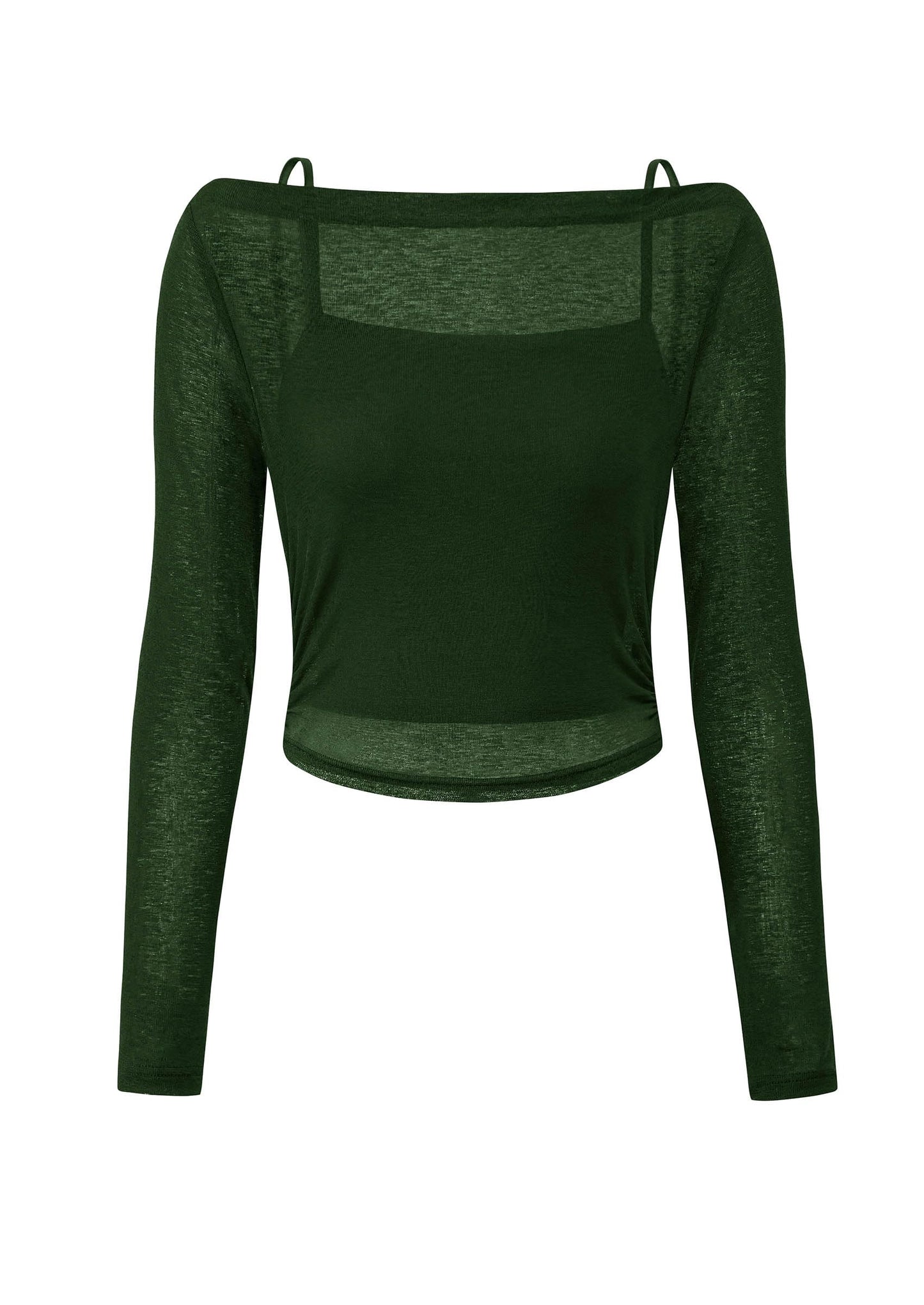 Women's Long Sleeve Sheer Crop Tops Boat Neck See Through Cover Up with Spaghetti Strap Camisole 2 Piece Blouses