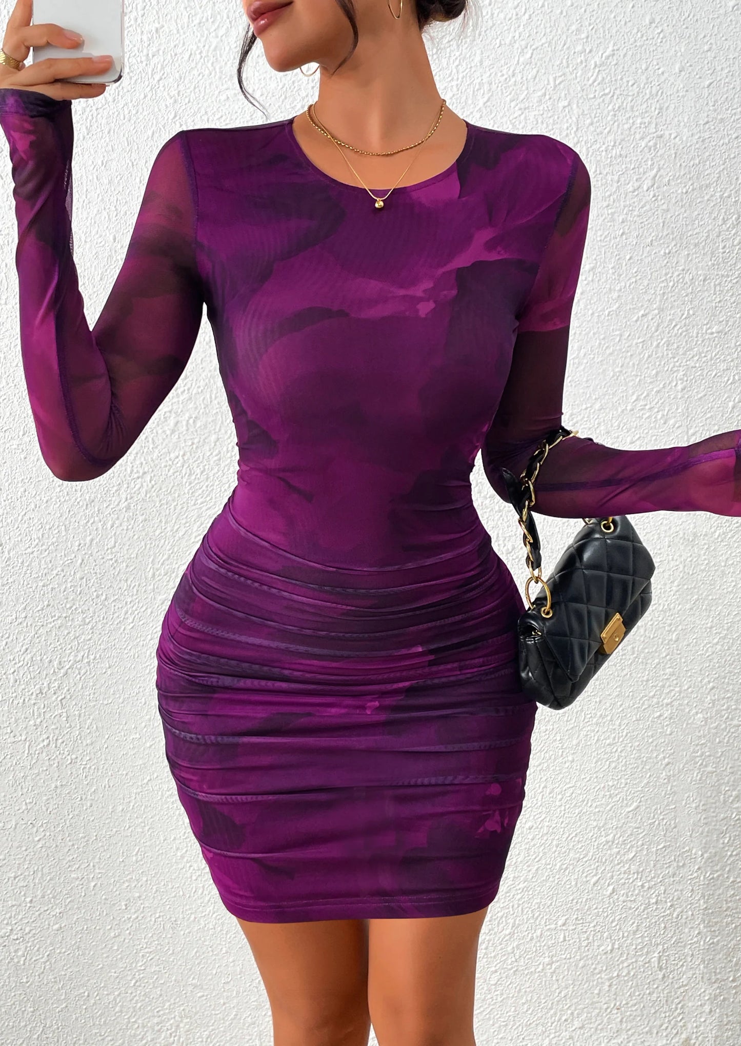 Women's Mini Dress Fall Trendy Tie Dye Print Long Sleeve Club Party Homecoming Casual Bodycon Dresses
