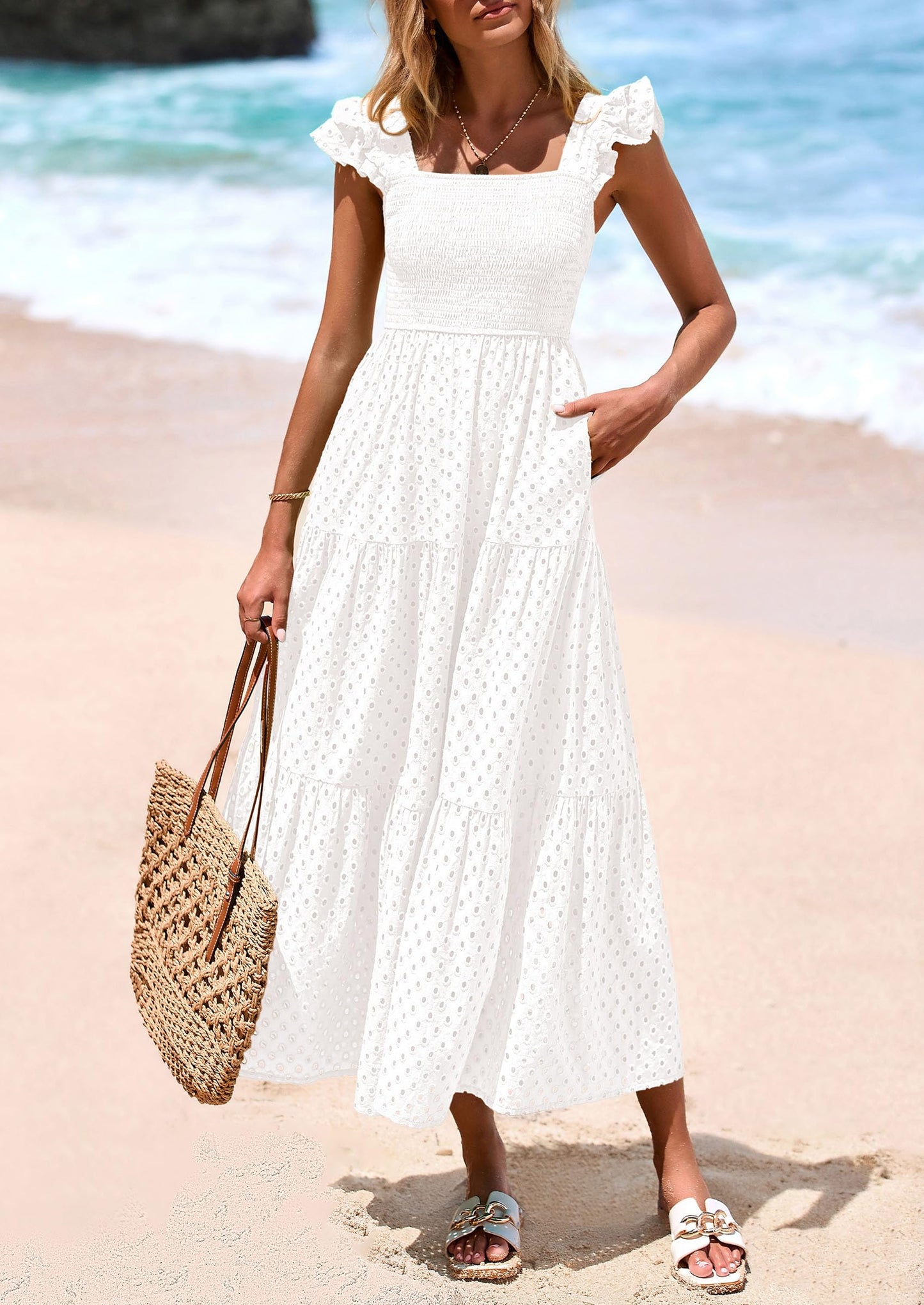 Womens Square Neck Maxi Dresses Cap Sleeve Eyelet Smocked Tiered A Line Flowy Long Dress with Pockets