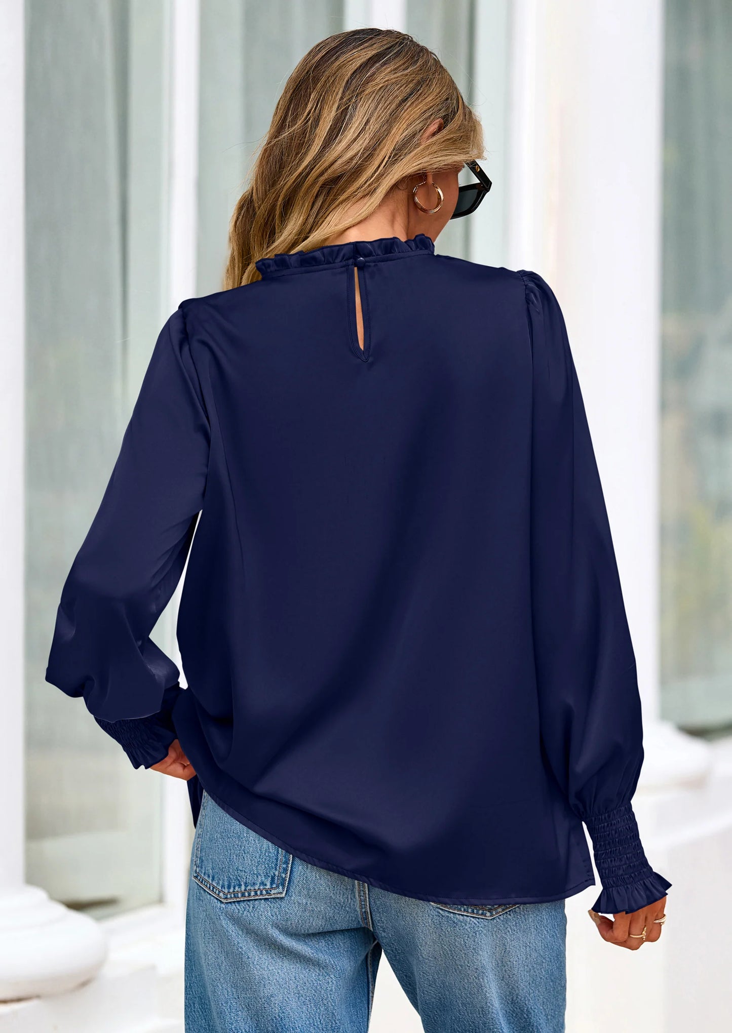 Blouses for Women Dressy Casual Fall Outfits Frill Neck Long Sleeve Shirts Satin Work Business Casual Tops