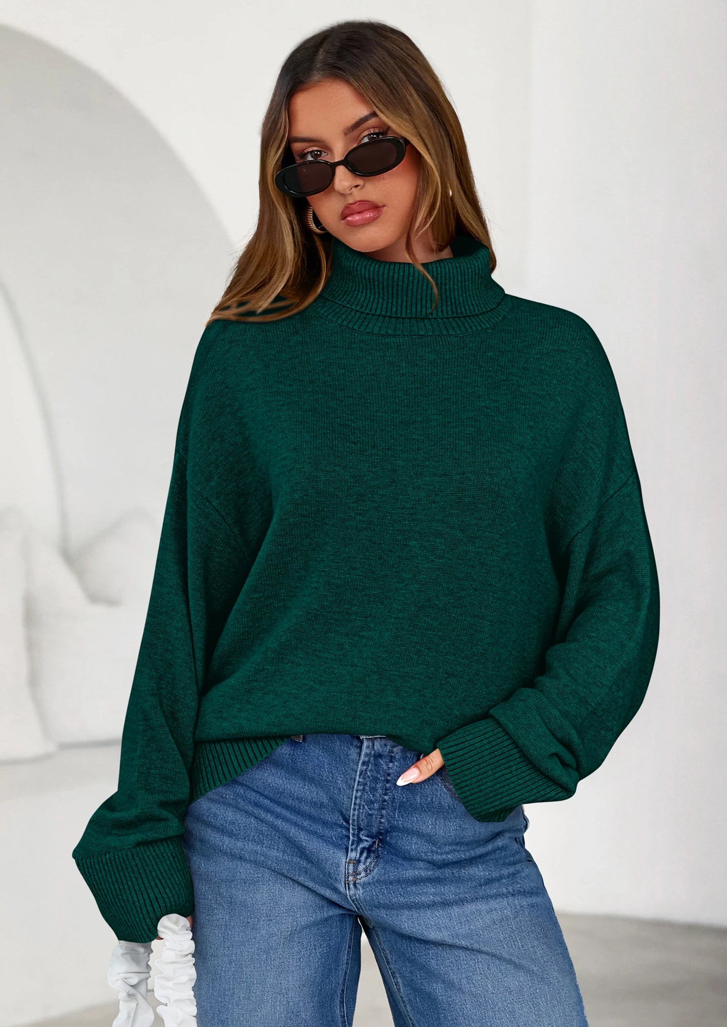 Womens Turtleneck Long Sleeve Sweater Fall Trendy Loose Fit Casual Tops Chunky Knit Pullover Sweaters