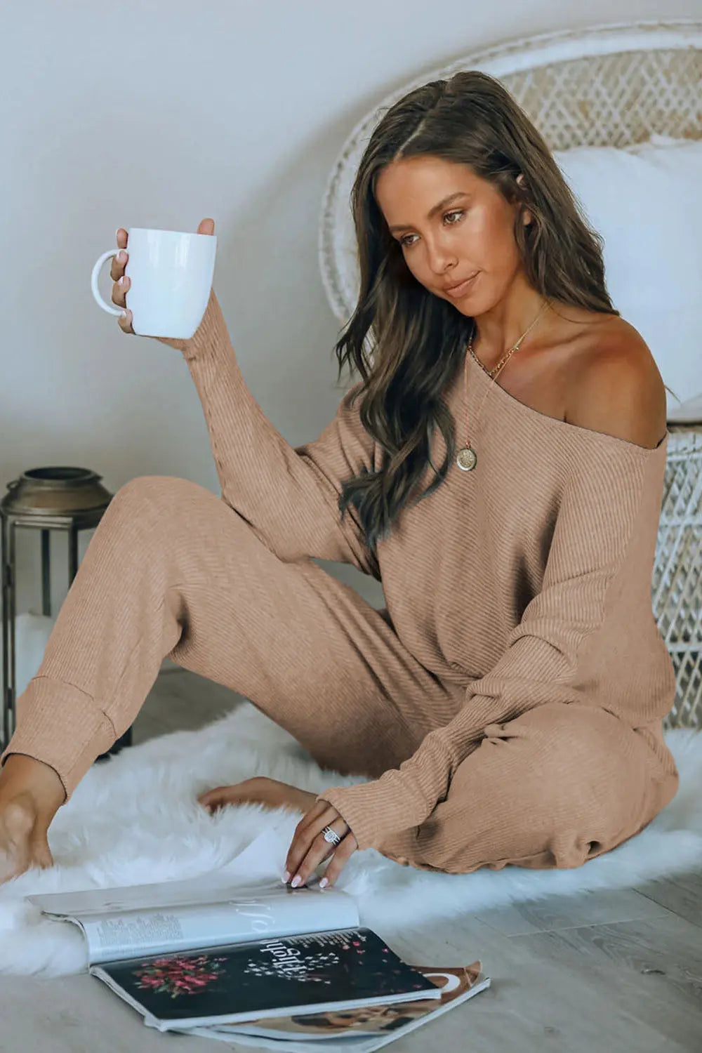 Women's 2 Piece Ribbed Tracksuit Outfits Off Shoulder Long Sleeve Pullover Lounge Pants with Pockets