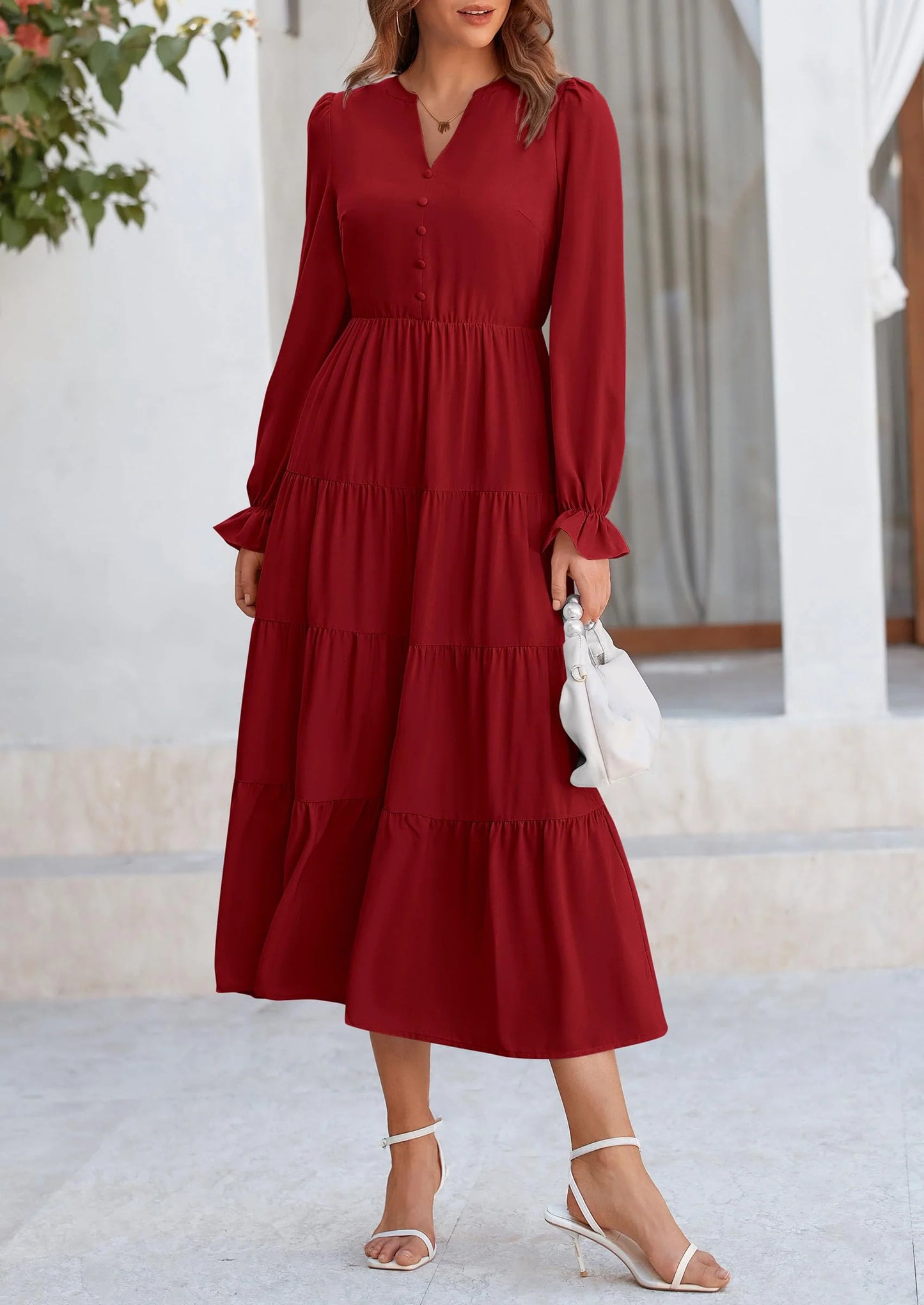 Women Fall Long Sleeve Smocked Maxi Dress Casual Square Neck Swiss Dot Tiered Ruffle Flowy Spring Pocket Dresses