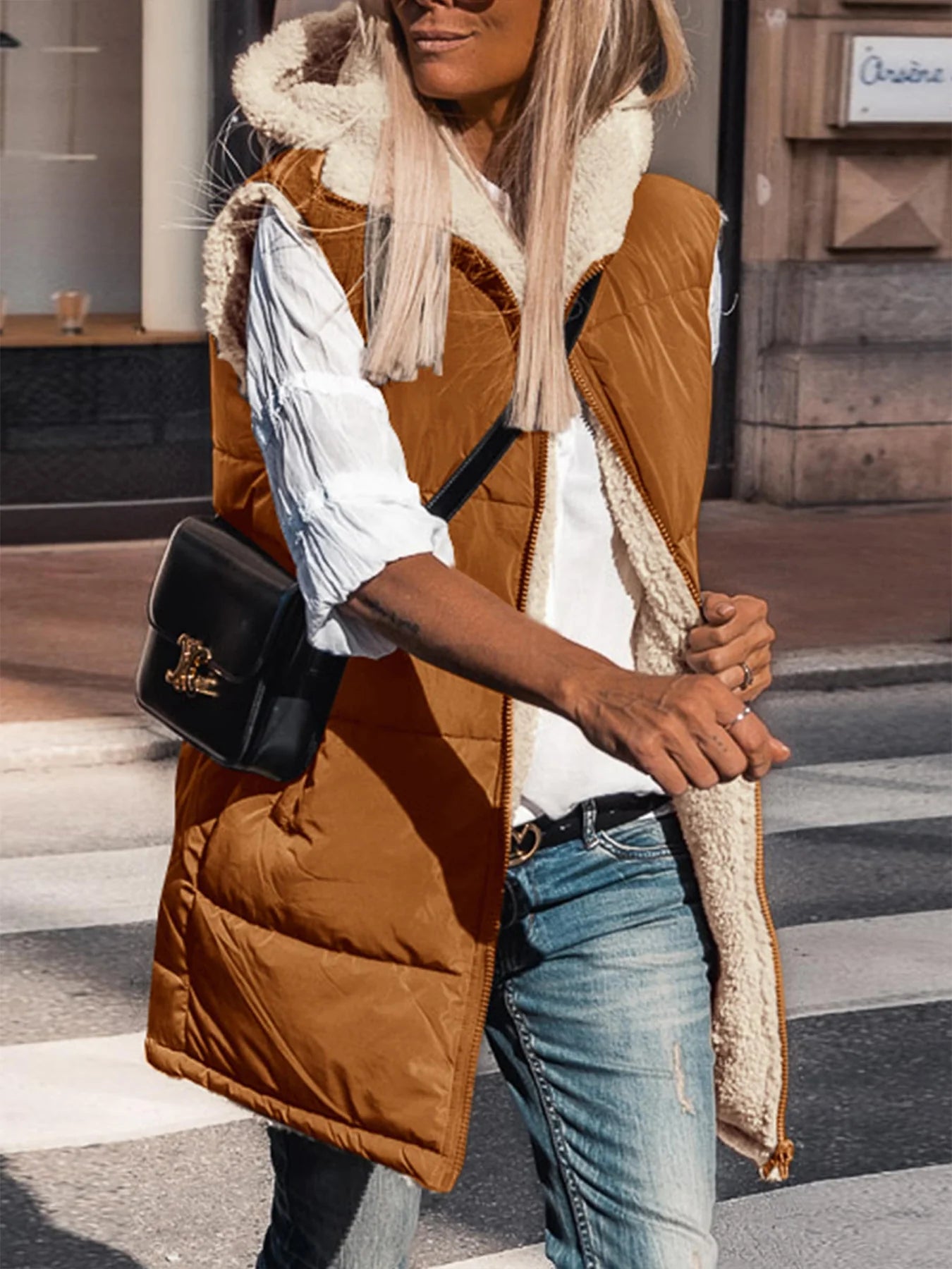 Womens Fall Reversible Vests Sleeveless Fleece Jacket Zip Up Hoodie Pockets Long Warm Winter Coat Outerwear