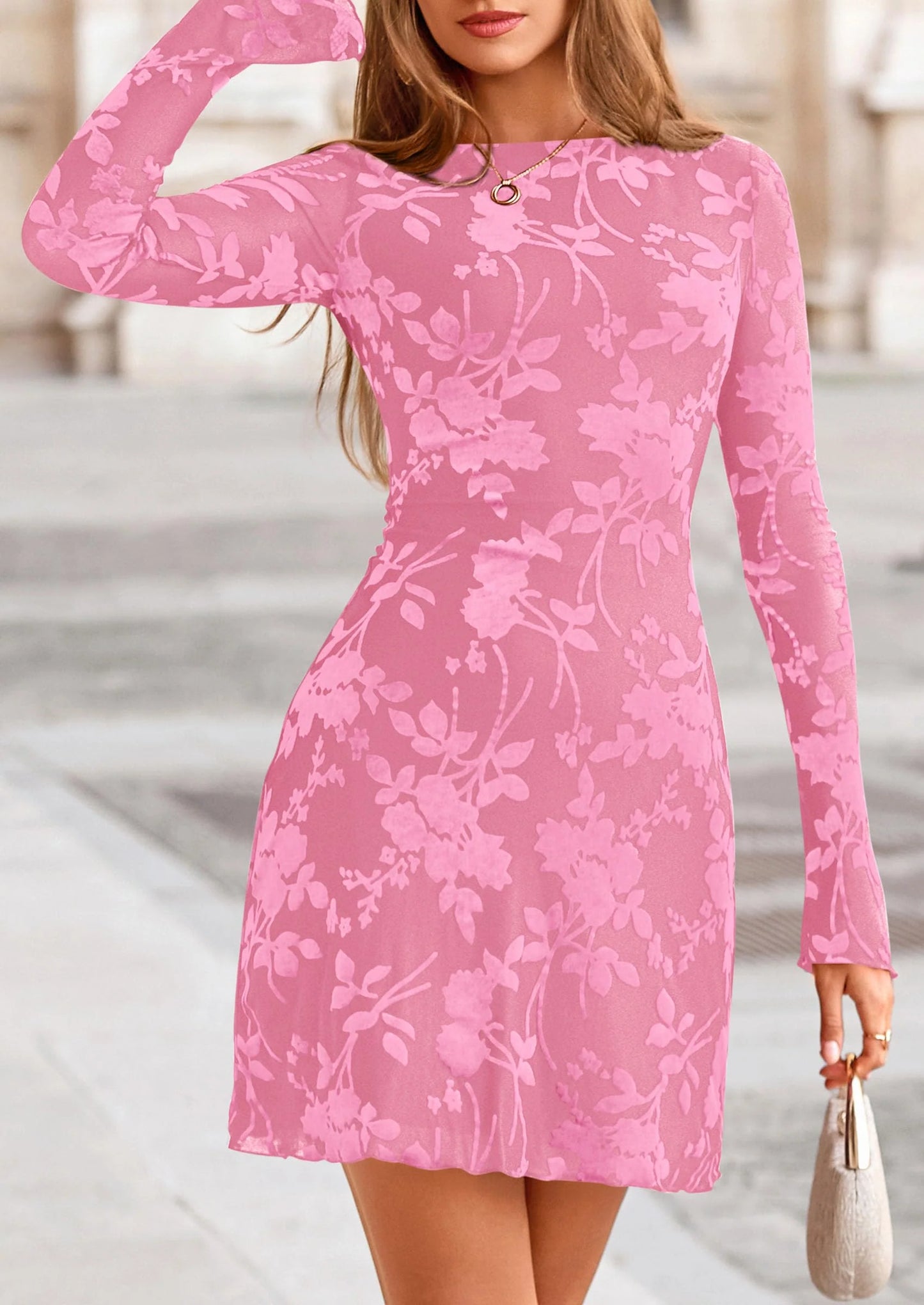 Women's Fall Fashion Floral Long Sleeve Mini Dress Mesh Bodycon Short Party Date Night Going Out Dresses
