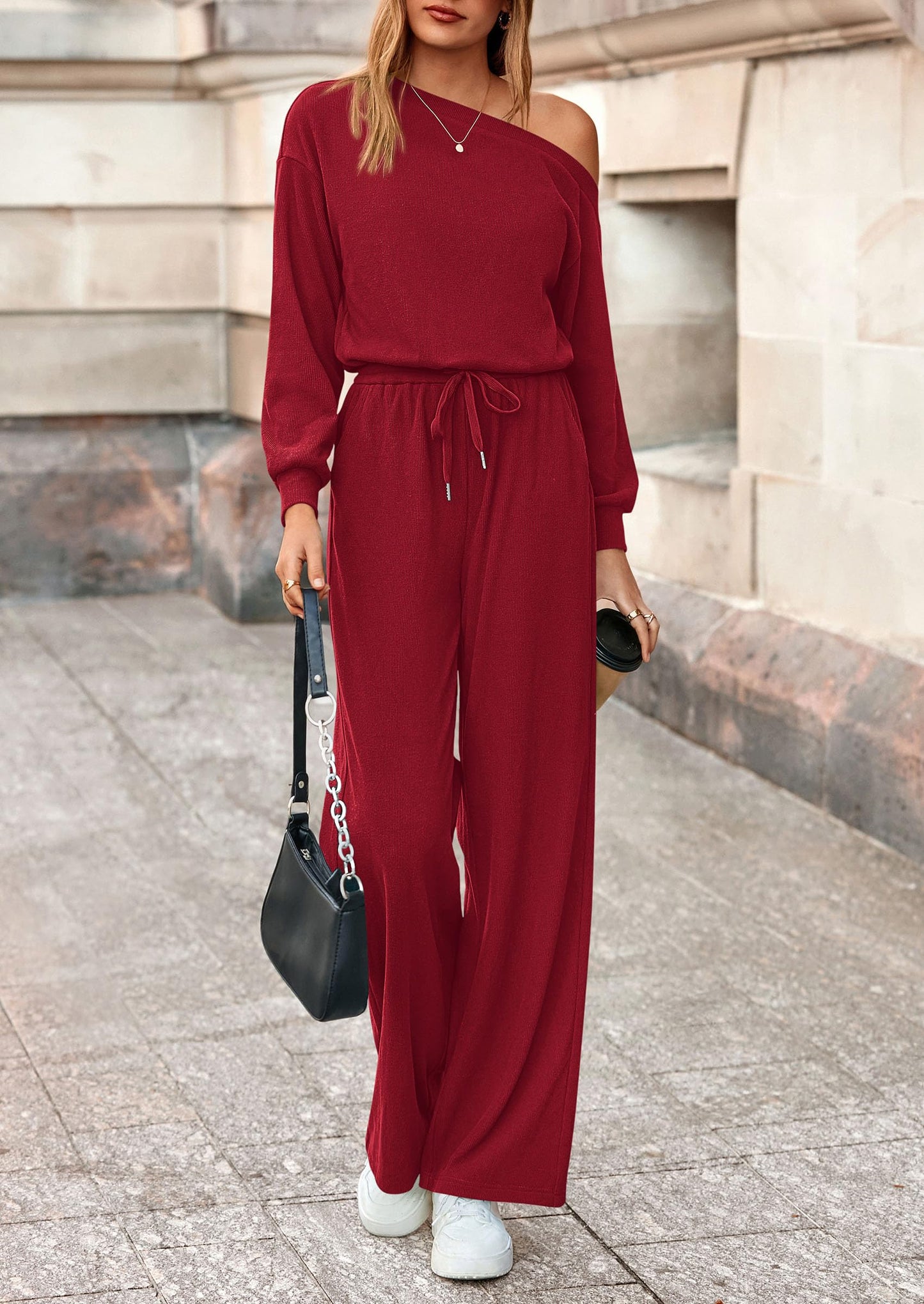 Long Sleeve Jumpsuit For Women Dressy Off Shoulder One Piece Loose Wide Leg Jumpsuits Casual Flowy Romper