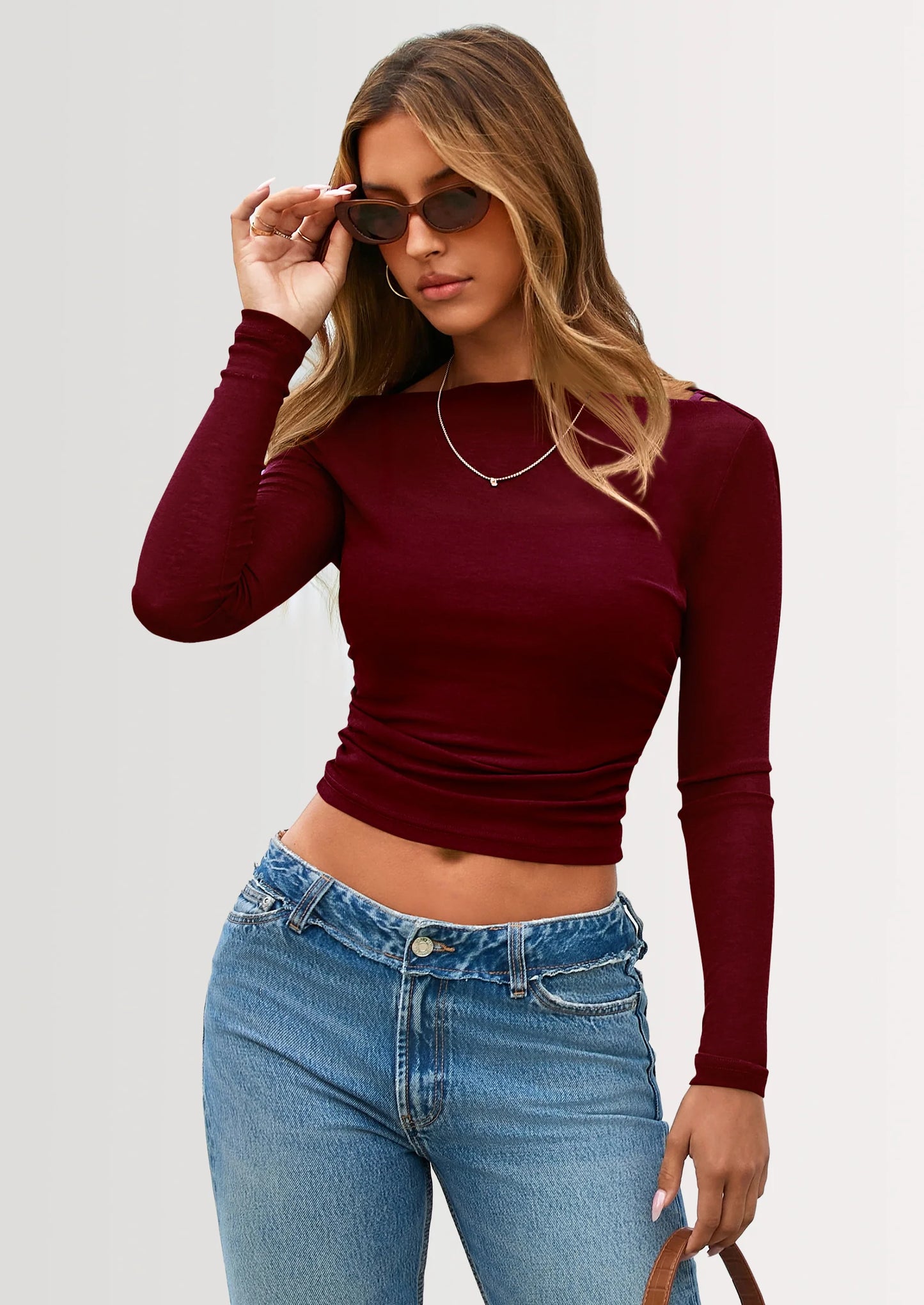 Women's Long Sleeve Sheer Crop Tops Boat Neck See Through Cover Up with Spaghetti Strap Camisole 2 Piece Blouses