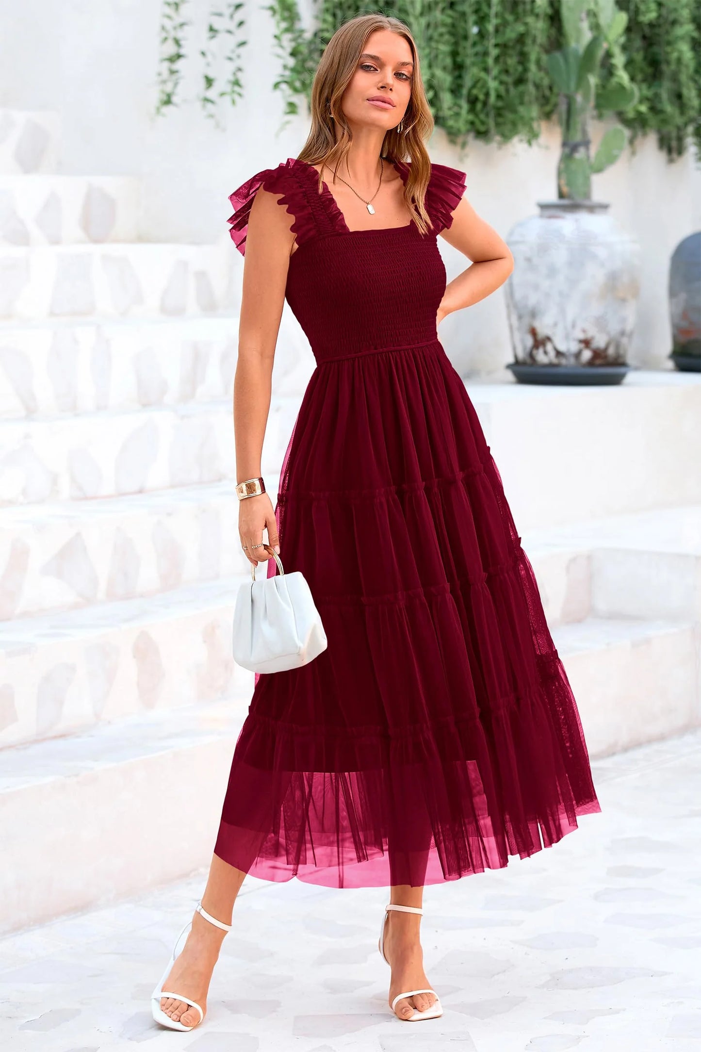 Women's Tulle Midi Dress Sleeveless Smocked Ruffle Mesh Flowy Dresses Party Wedding Guest Sundress