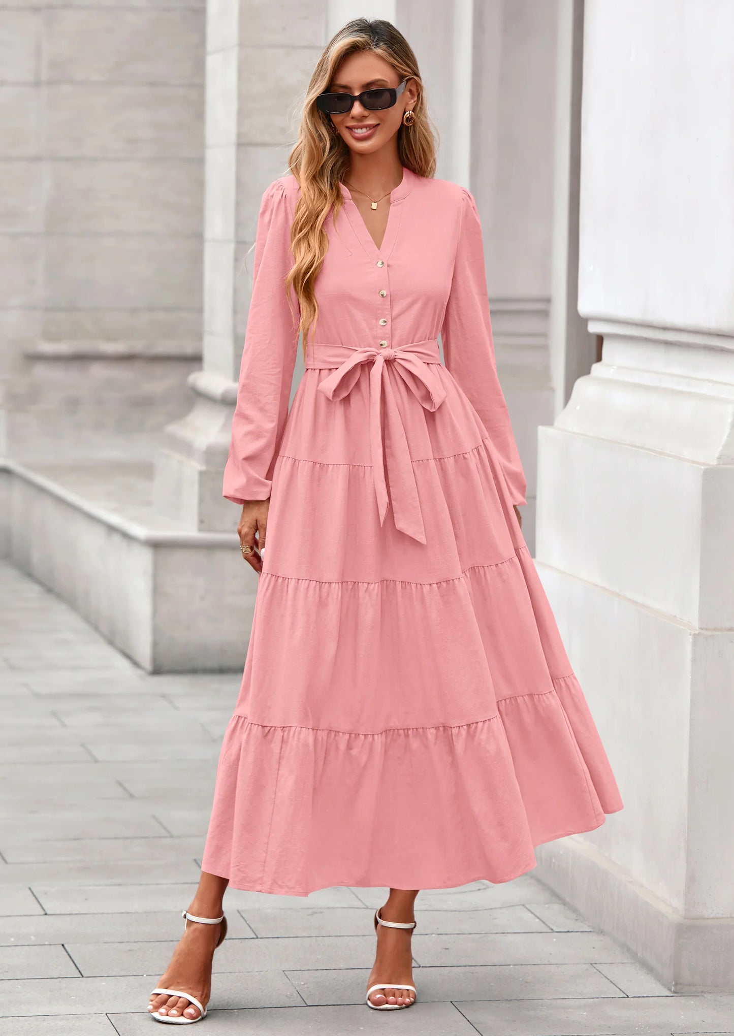 Fall Dresses for Women Long Sleeve V Neck Belted Ruffle A Line Flowy Boho Maxi Wedding Guest Dress Pockets