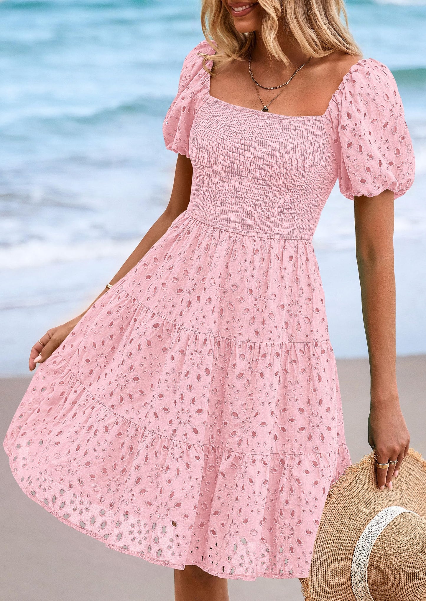 Womens Summer Puff Sleeve Mini Dress Off Shoulder Eyelet Smocked A Line Casual Babydoll Short Dresses