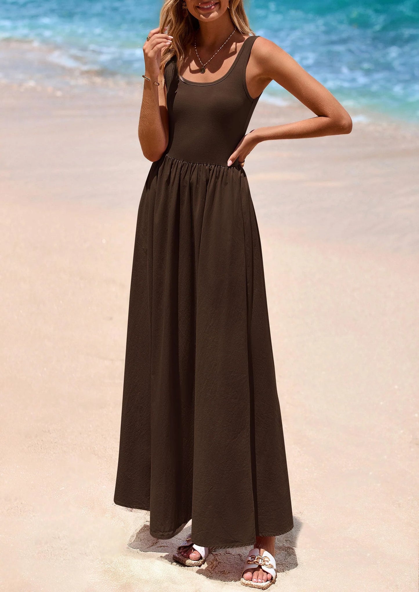 Womens Summer Casual Scoop Neck Sleeveless Long Dresses Tank Top Patchwork Aline Swing Maxi Dress with Pockets