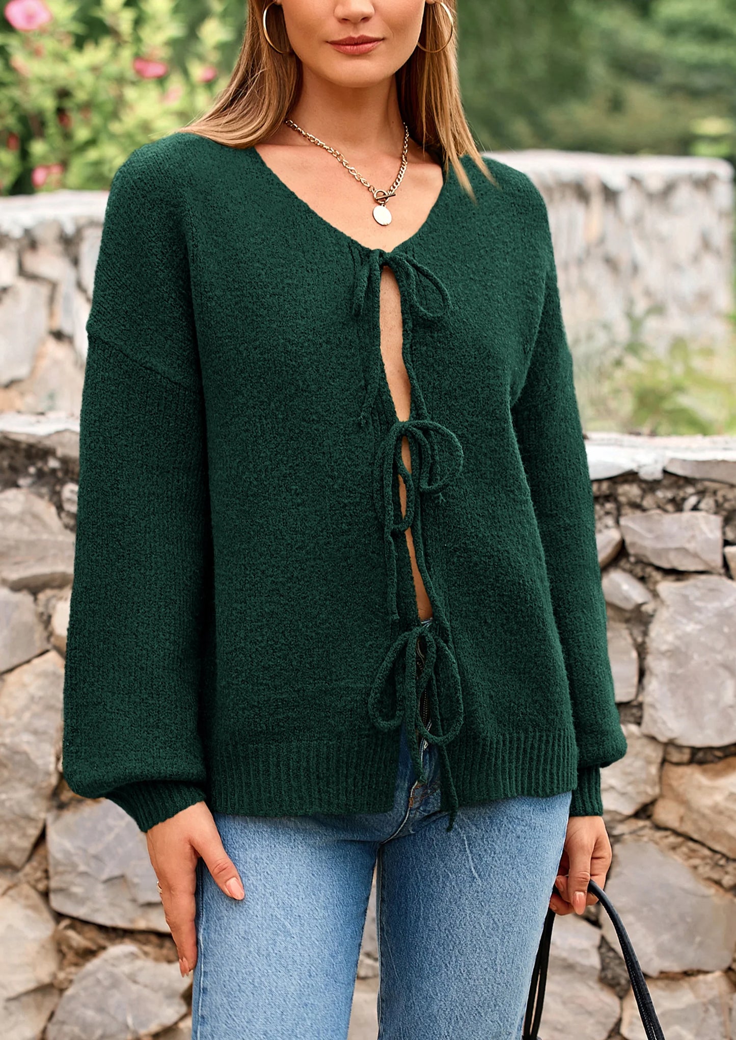 Women's Tie Front Bow Cardigan Sweaters Chunky Knit Long Puff Sleeve Trendy Fall Winter Jacket Coats